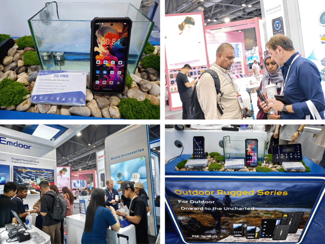 Visitors exploring Emdoor rugged devices designed for outdoor, logistics, and construction scenarios