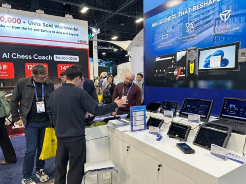 Emdoor Info M82A Rugged Tablet with Intel Core Ultra processor being used in an industrial factory setting.