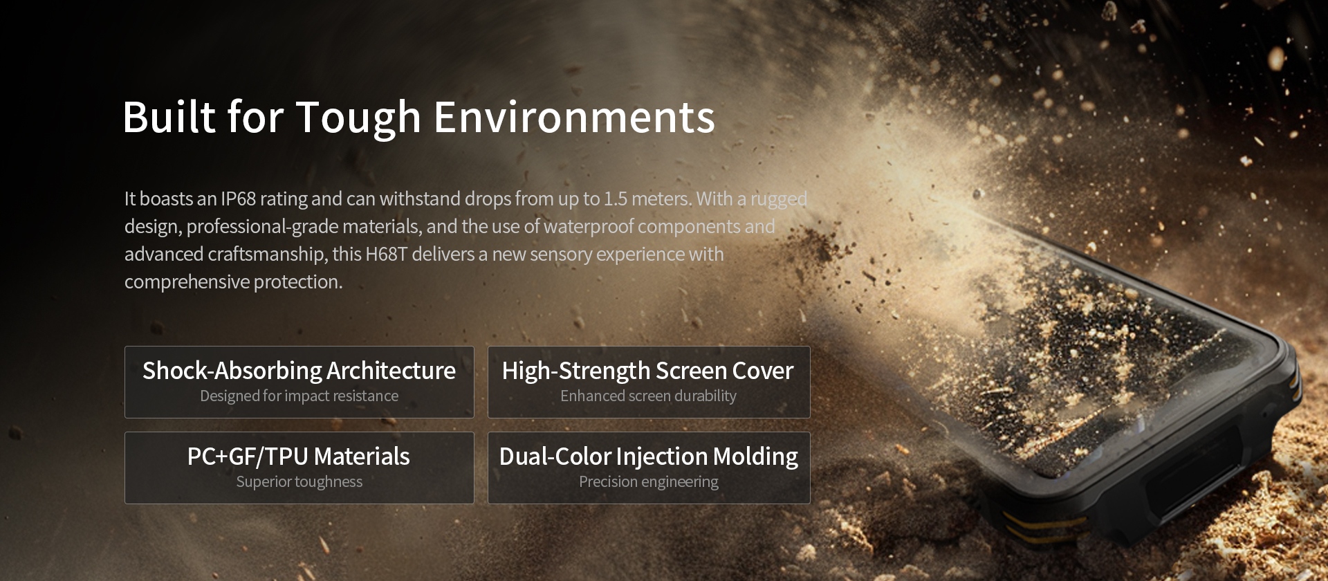 H68T with IP68 rating, drop-resistant up to 1.5m, featuring rugged design, professional materials, and waterproof components for enhanced protection.