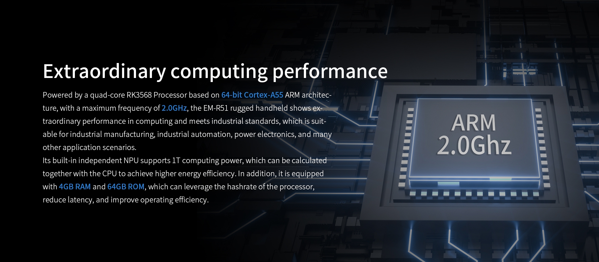 Emdoor EM-R51 rugged handheld with RK3568 quad-core 2.0GHz, 4GB RAM, 64GB ROM, NPU for industrial computing