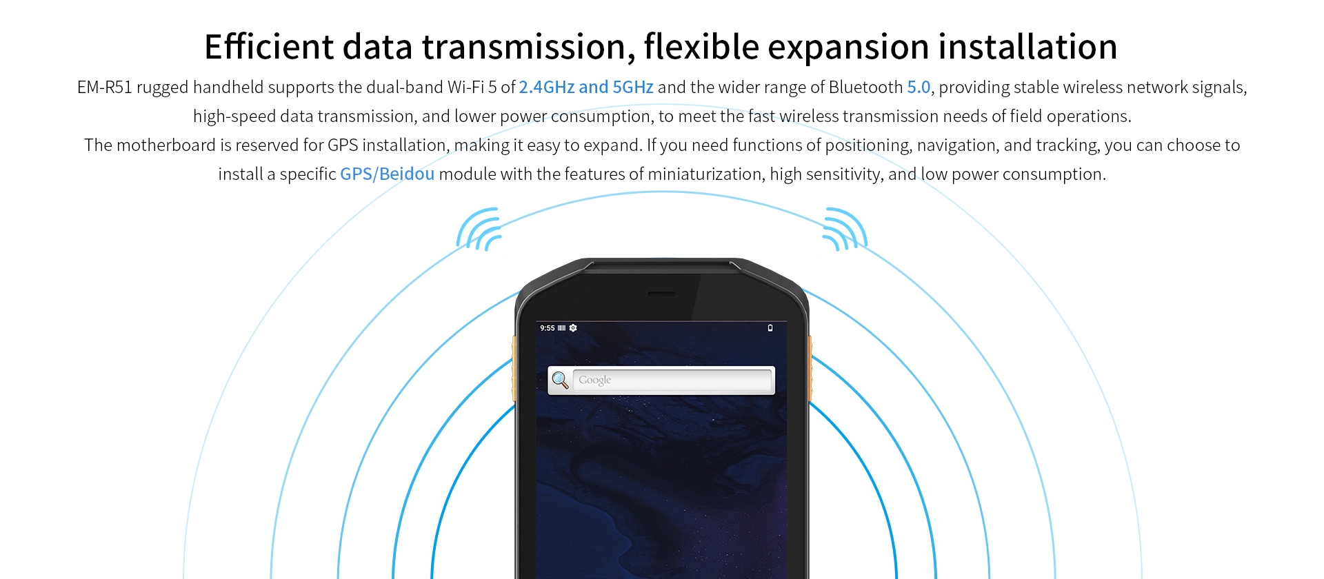 Emdoor EM-R51 rugged handheld with dual-band Wi-Fi 5, Bluetooth 5.0, GPS/Beidou module for data transmission