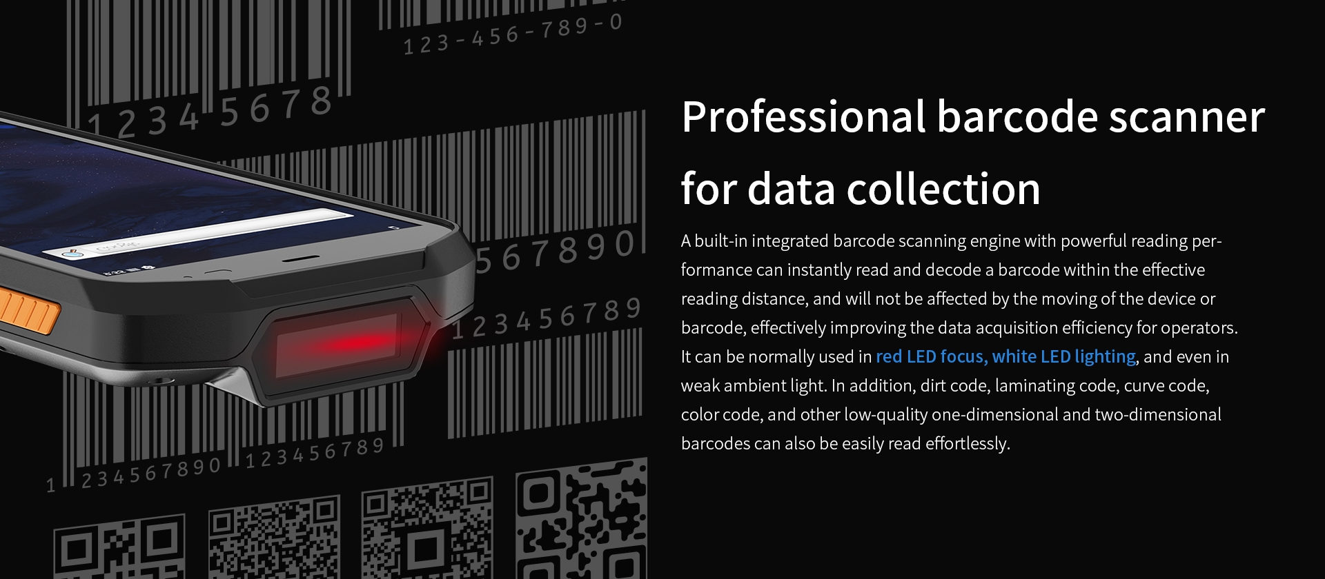 Emdoor EM-R51 rugged handheld with barcode scanner, red/white LED, reads 1D/2D barcodes in low light