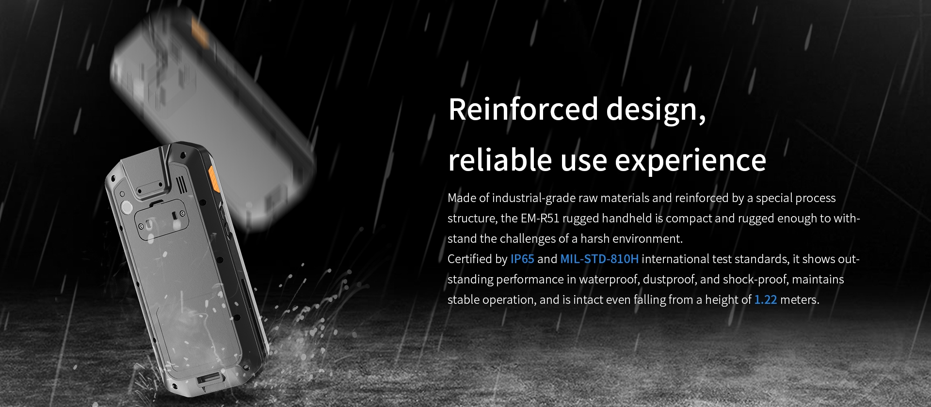 Emdoor EM-R51 rugged handheld, IP65, MIL-STD-810H, waterproof, dustproof, shock-proof, 1.22m drop-resistant