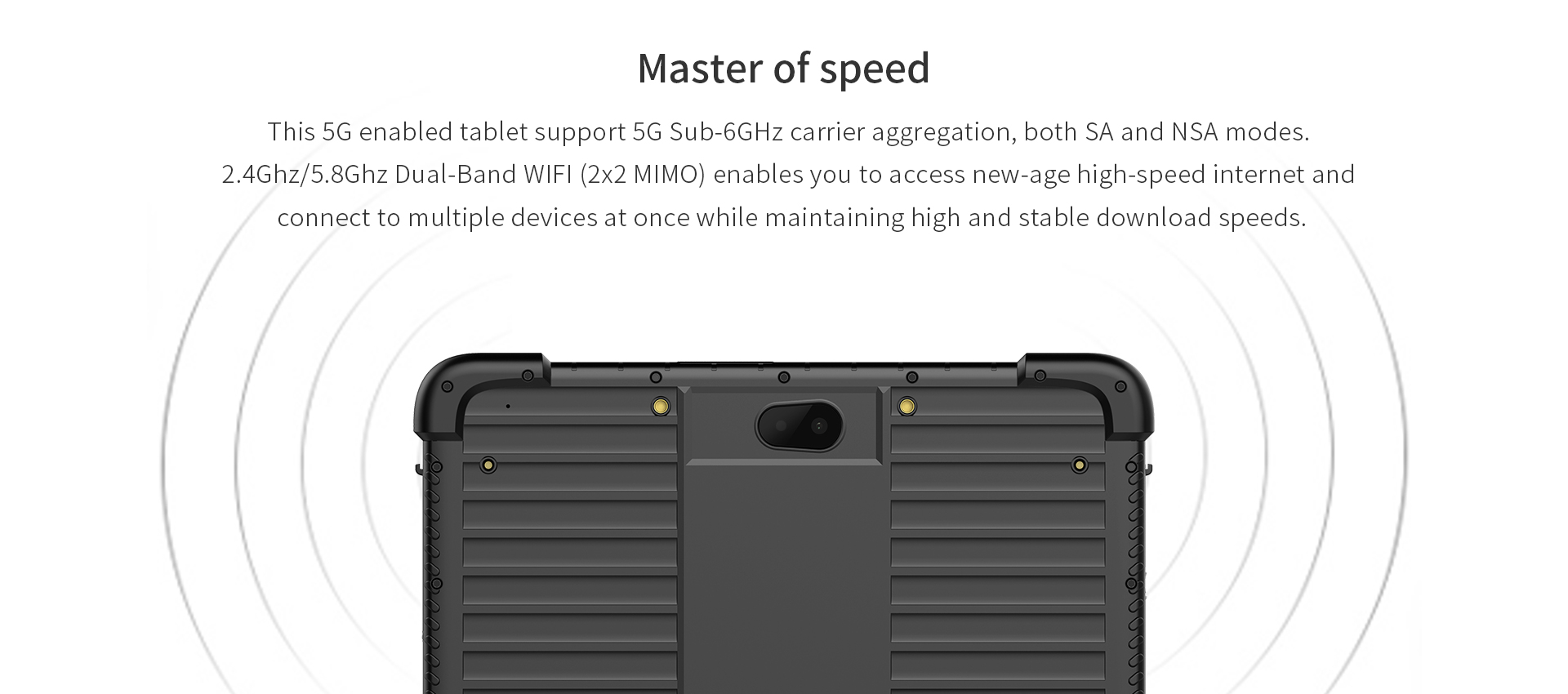 This 5G enabled tablet support 5G Sub-6GHz carrier aggregation, both SA and NSA modes.