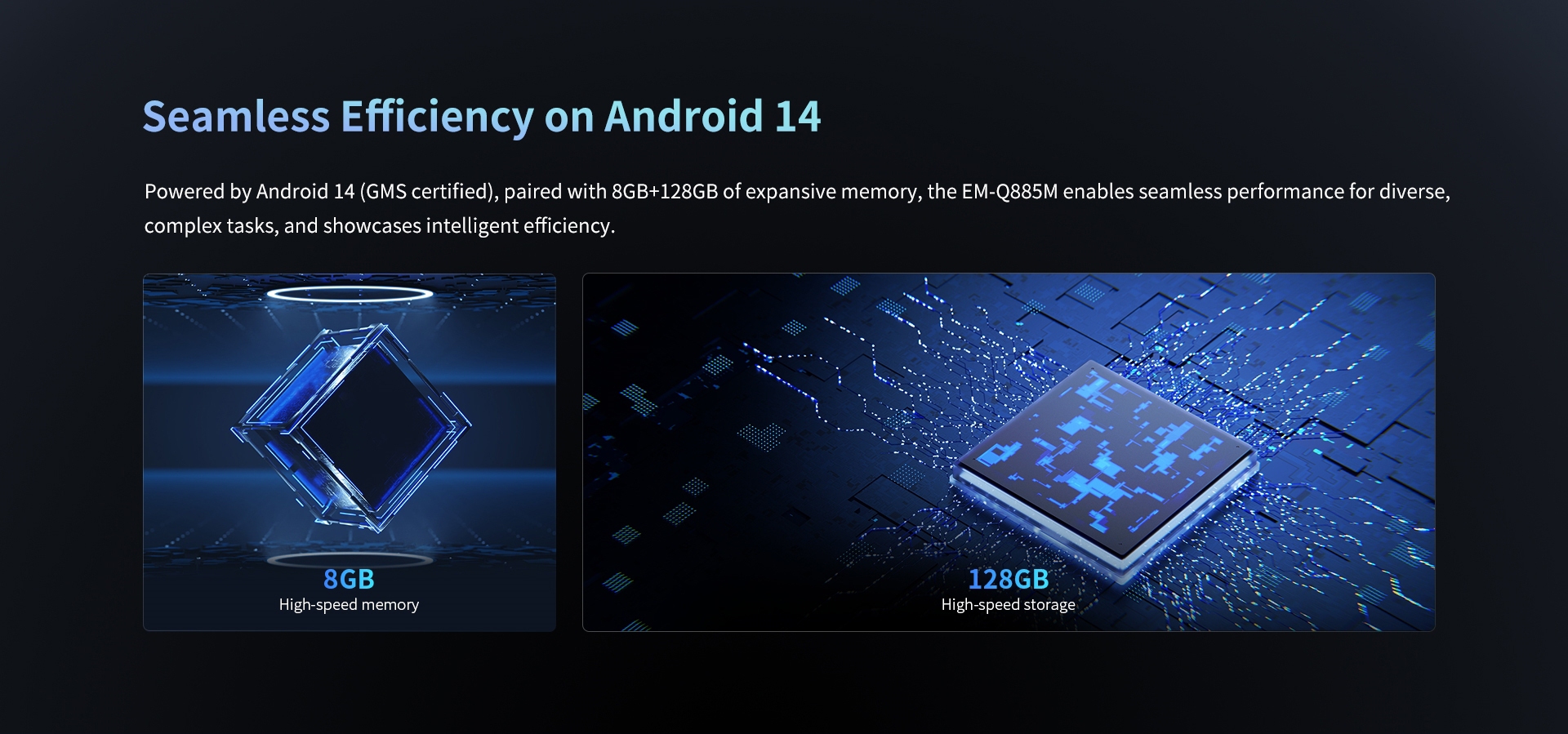 Powered by Android 14 (GMS certified)..paired with 8GB+128GB ofexpansive memory.the EM-0885M enables seamless performance for diverse.
