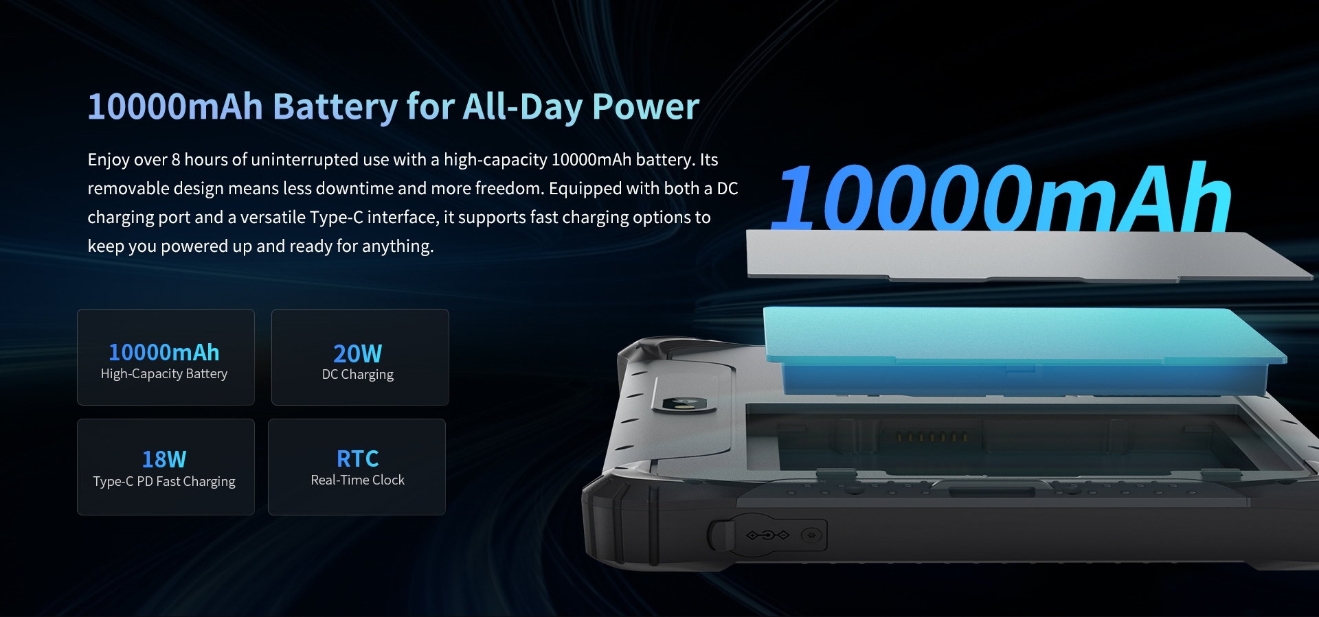 Enjoy over 8 hours ofuninterrupted use with a high-capacity 10000mAh battery.