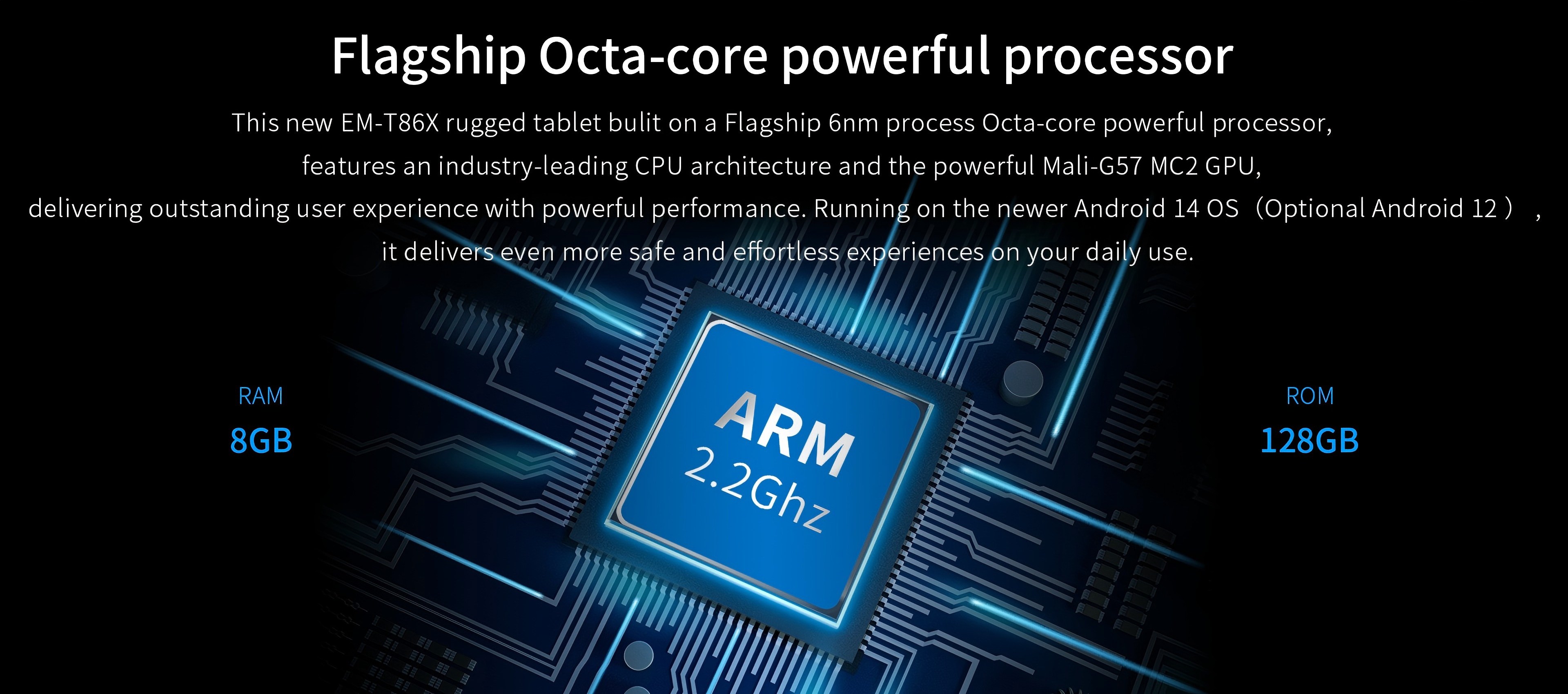 This new EM-T86X rugged tablet bulit on a Flagship 6nm process Octa-core powerful processor, powerful Mali-G57 MC2 GPU