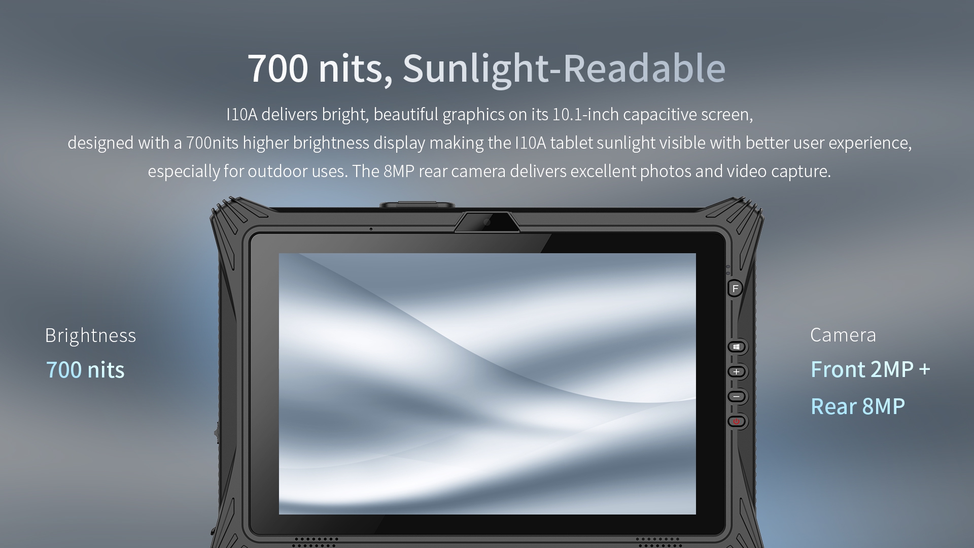 I10A tablet with 700-nit sunlight-readable 10.1-inch capacitive screen, 2MP front and 8MP rear camera, designed for bright outdoor use with excellent photo and video capture.