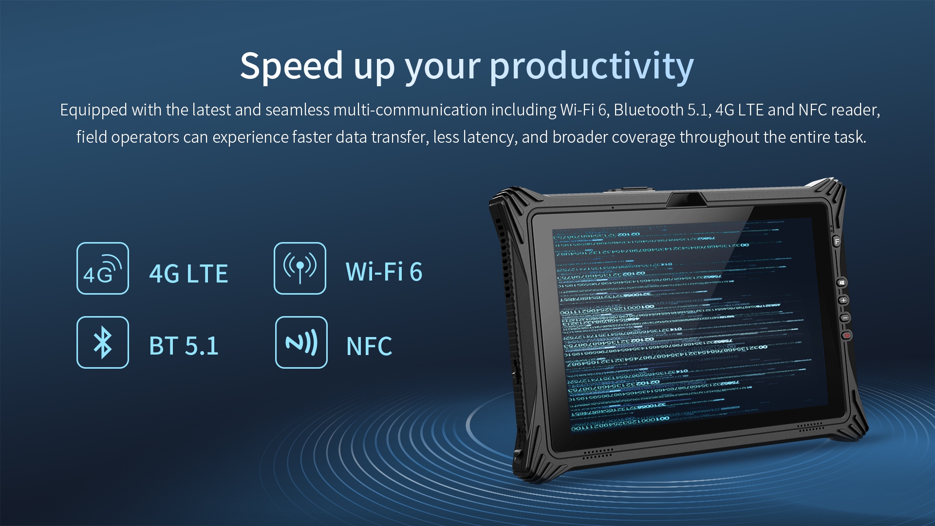 Equipped with the latest seamless multi-communication technologies, including Wi-Fi 6, Bluetooth 5.1, 4G LTE, and NFC reader.