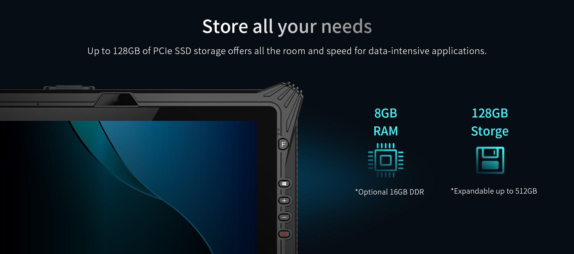Up to 128GB of PCle SSD storage offers all the room and speed for data-intensive applications.