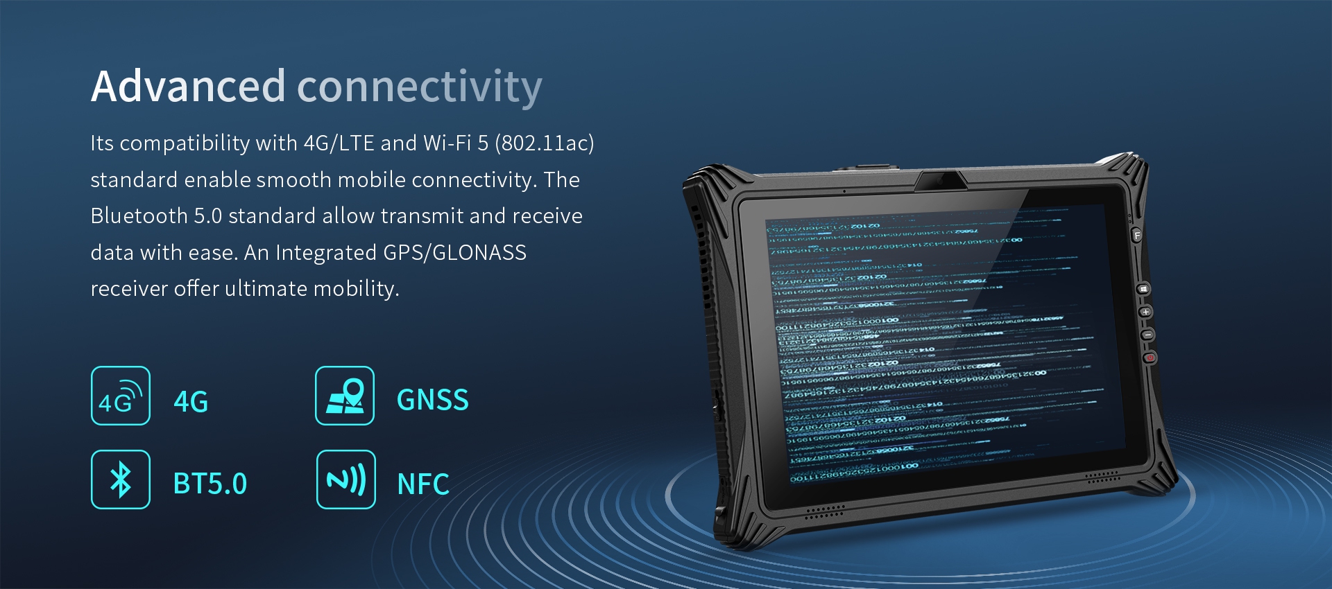 Device with 4G/LTE and Wi-Fi 5 (802.11ac) for smooth connectivity, Bluetooth 5.0 for easy data transfer, and integrated GPS/GLONASS for ultimate mobility.