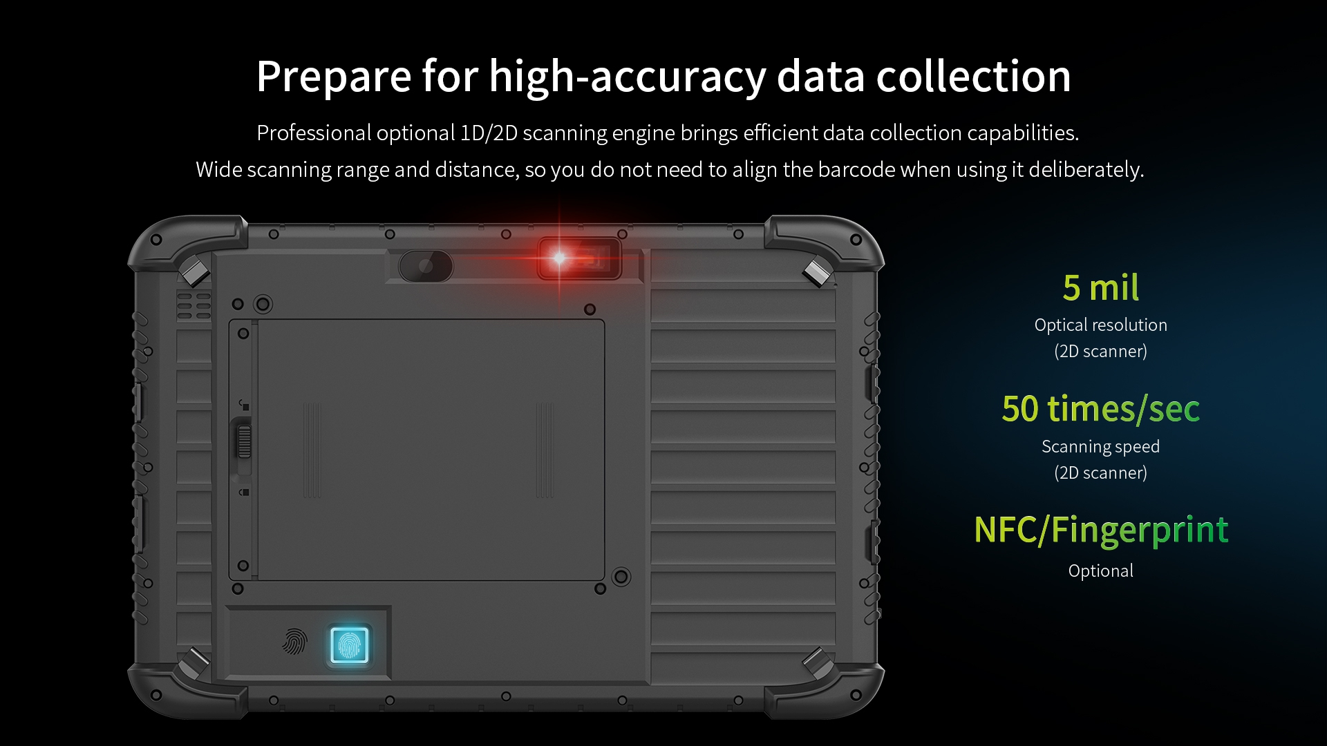 Professional optional1D/2D scanning engine brings efficient data collection capabilities.