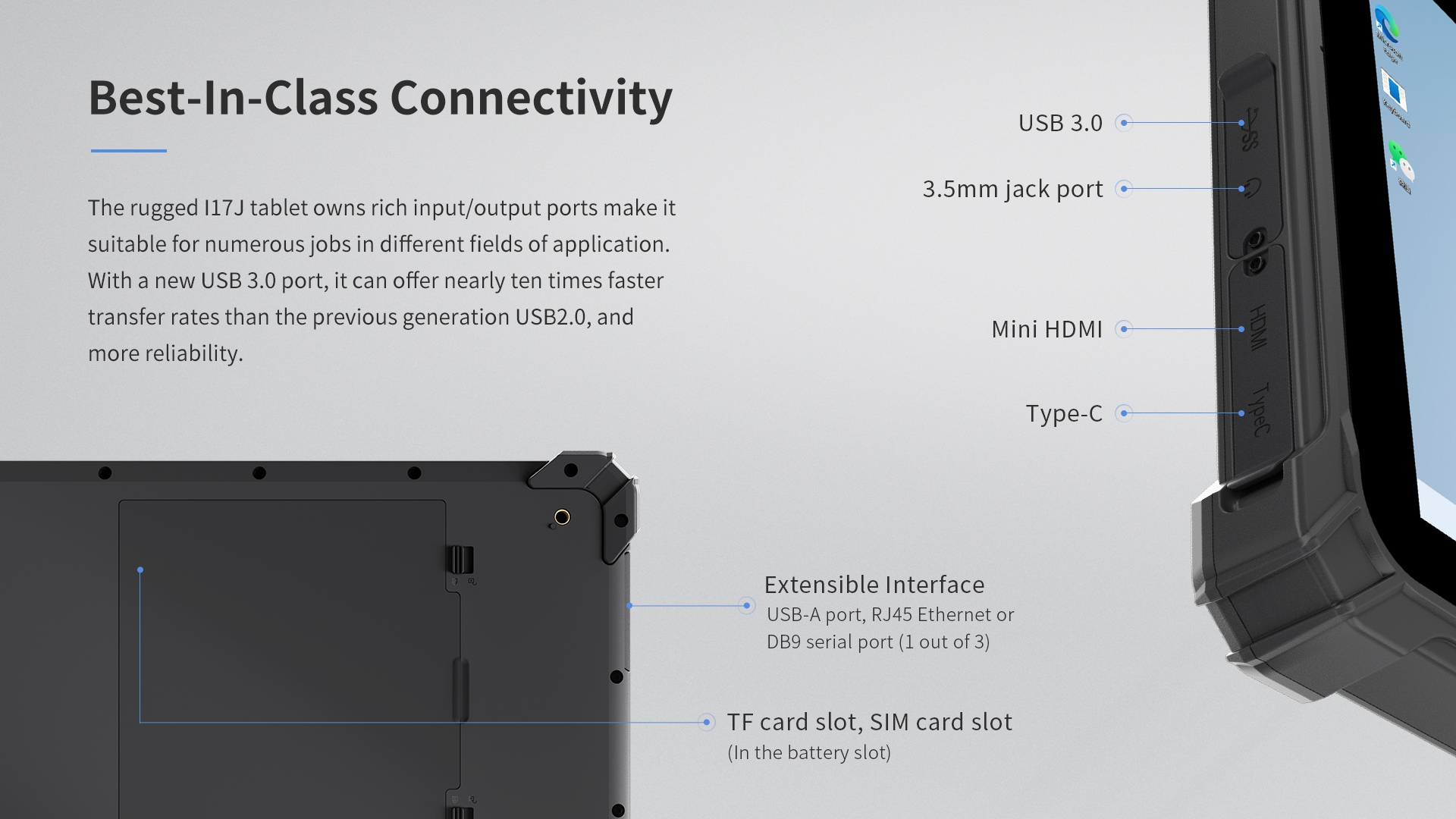 The rugged l17Jtablet owns rich input/output ports make itsuitable for numerous jobs in different fields of application.With a new USB 3.0 port.