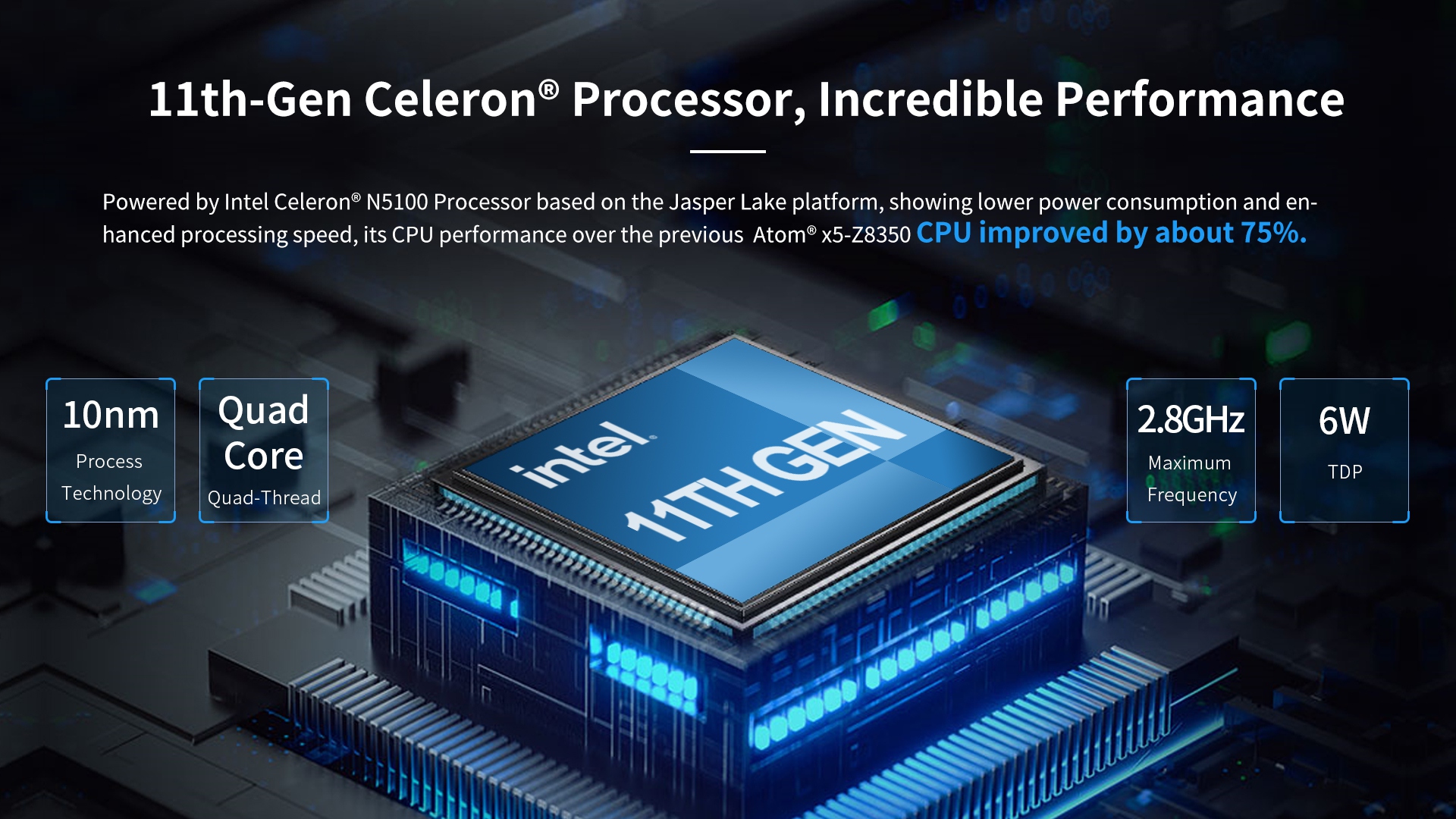 Powered by intel Celeron  N5100 Processor based, its CPU performance over the previous Atom° x5-Z8350 CPU improved by about 75%.