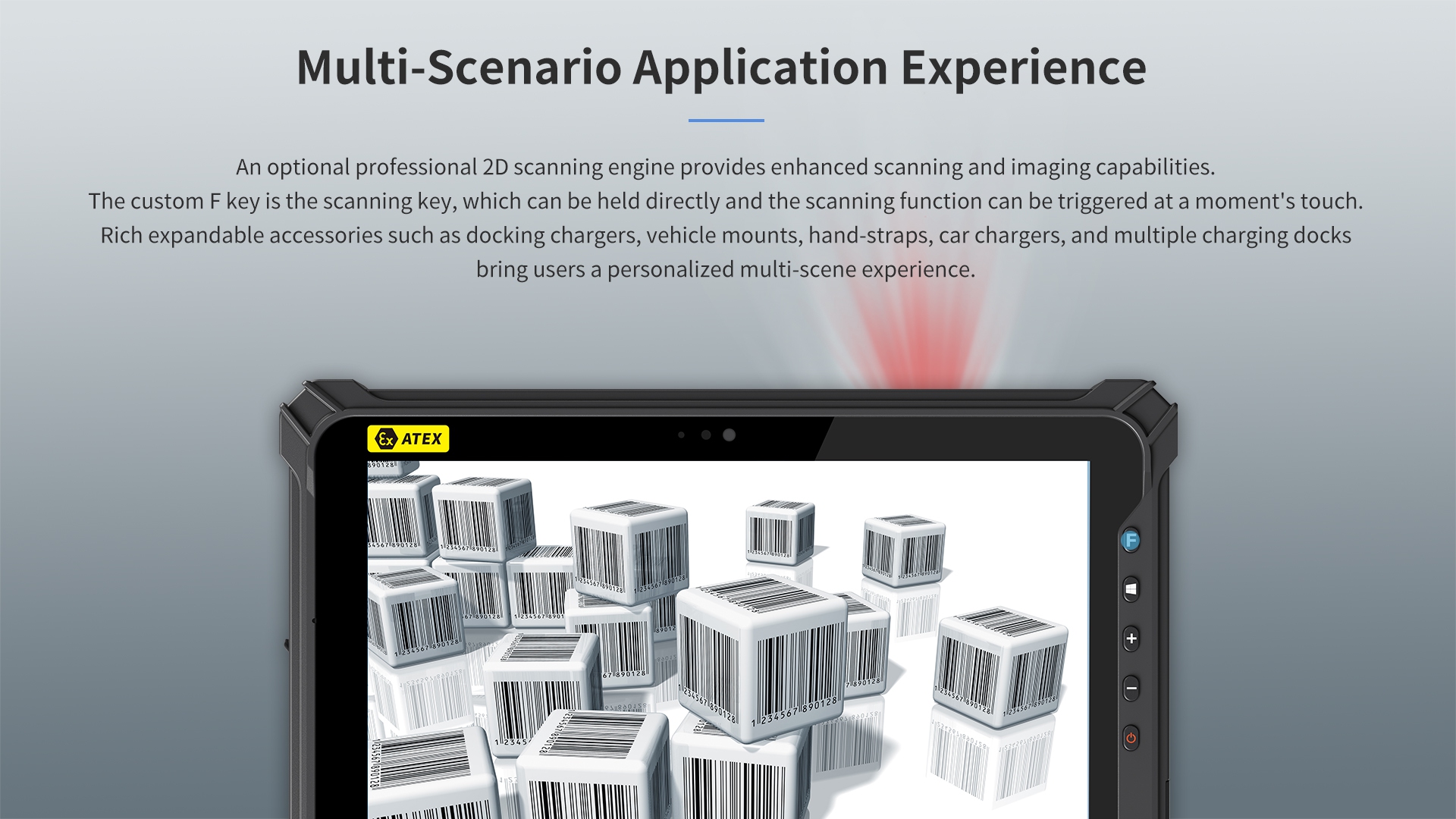 Device with 2D scanning, custom F key, expandable accessories (docking chargers, mounts), and ATEX certification.