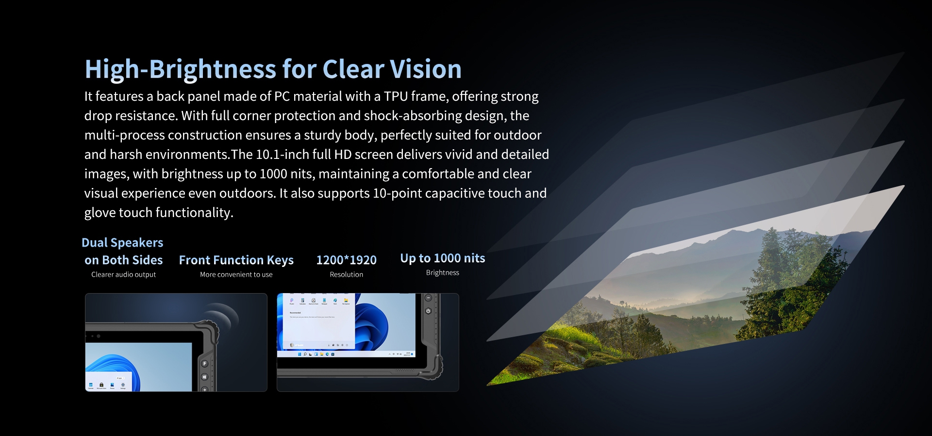 Tablet with PC back panel, TPU frame, drop resistance, 10.1-inch FHD 1000-nit screen, 10-point capacitive/glove touch for clear outdoor use.