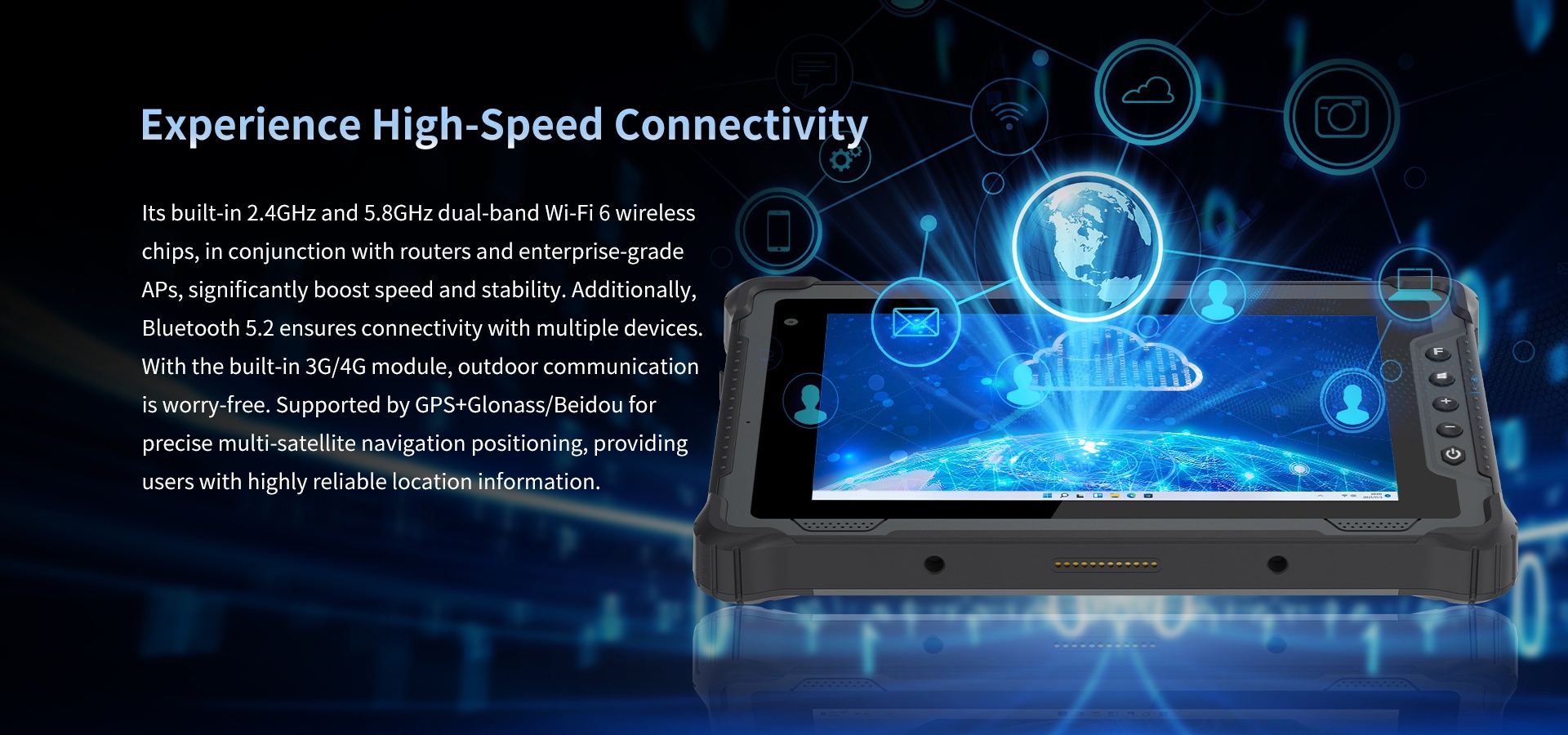 High-speed connectivity with dual-band Wi-Fi 6 (2.4GHz/5.8GHz), Bluetooth 5.2, 3G/4G, and GPS+Glonass/Beidou for reliable navigation and multi-device support.