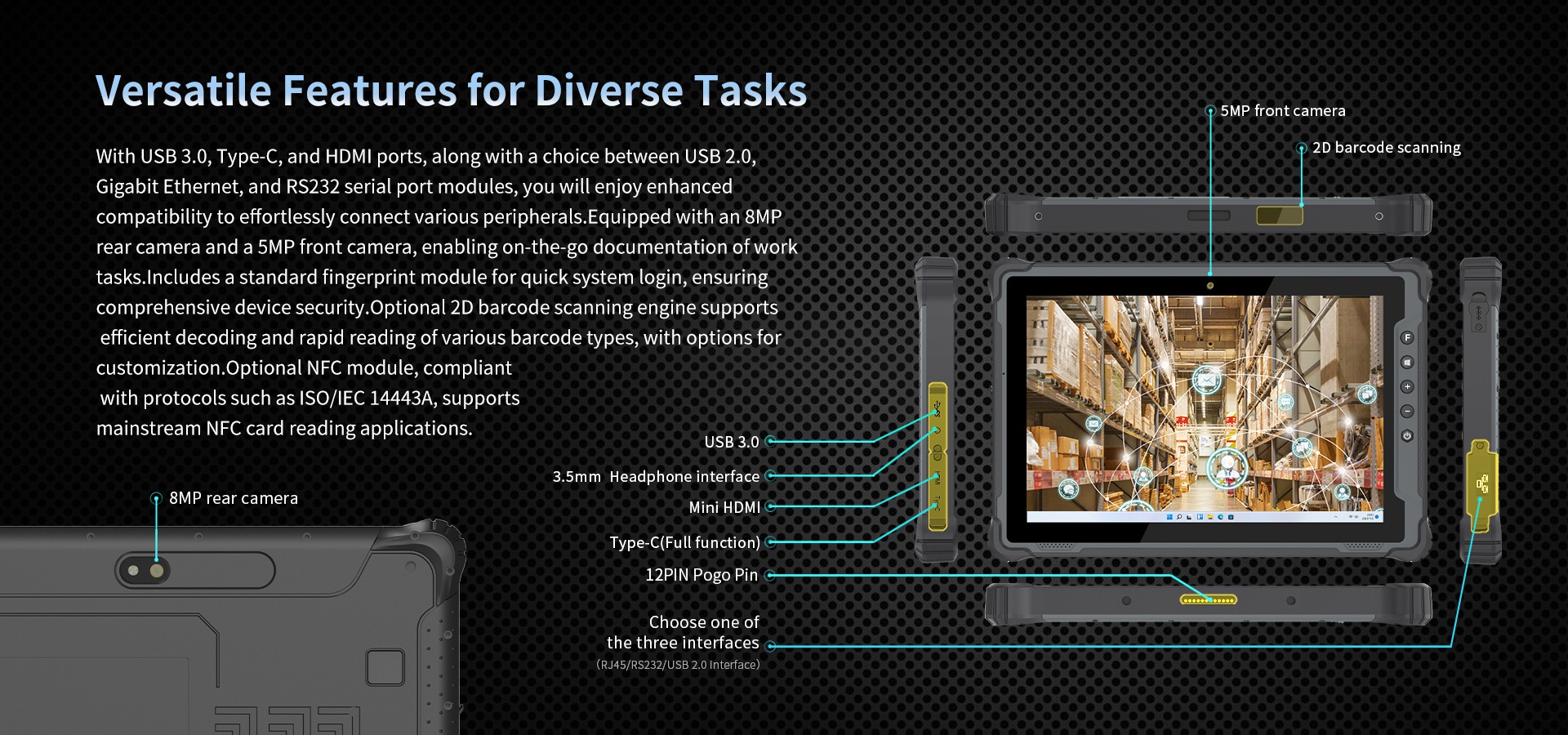 Device with USB 3.0, Type-C, HDMI, 8MP rear/5MP front cameras, fingerprint login, and optional 2D barcode/NFC for compatibility and security.