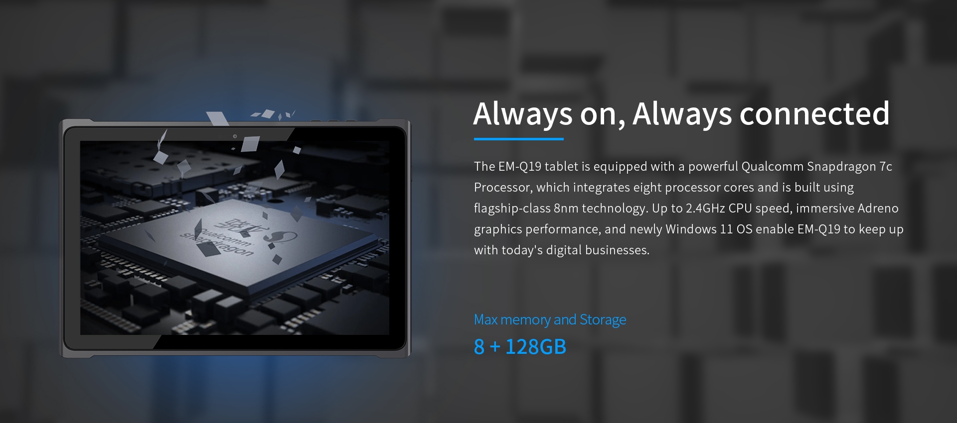 EM-Q19 tablet with Qualcomm Snapdragon 7c processor, 8nm tech, 2.4GHz CPU, Adreno graphics, Windows 11, and 8GB+128GB storage
