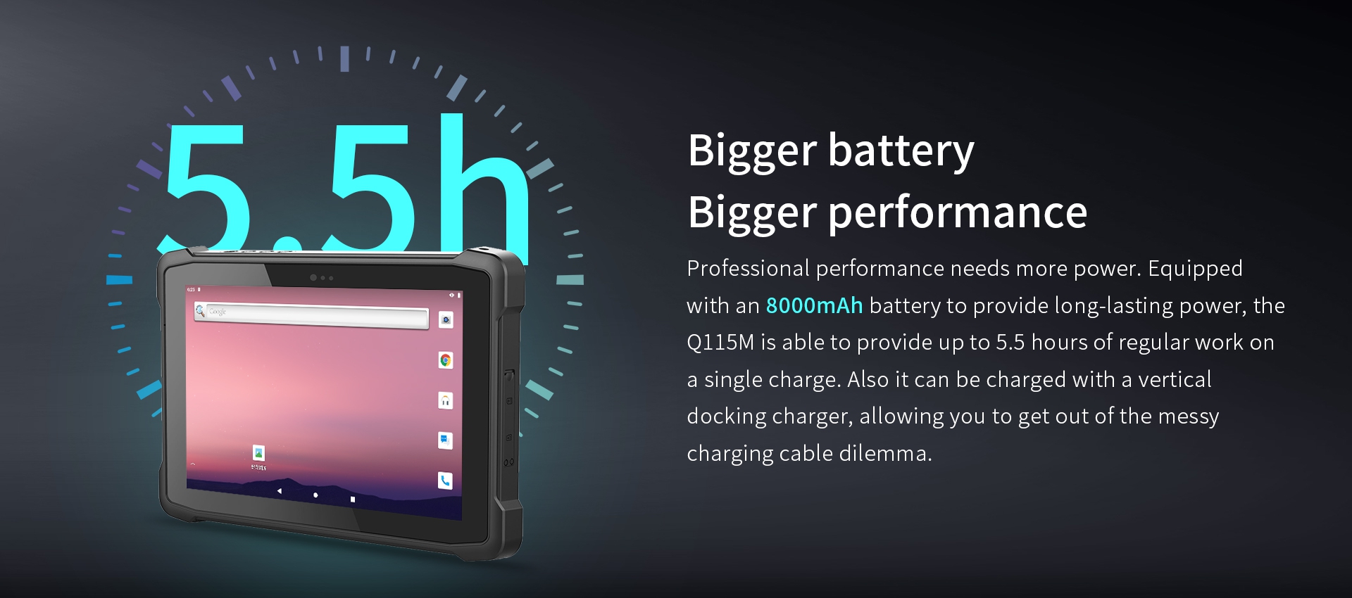 Q115M with 8000mAh battery for up to 5.5 hours work, offering professional performance and vertical docking charger for cable-free charging.