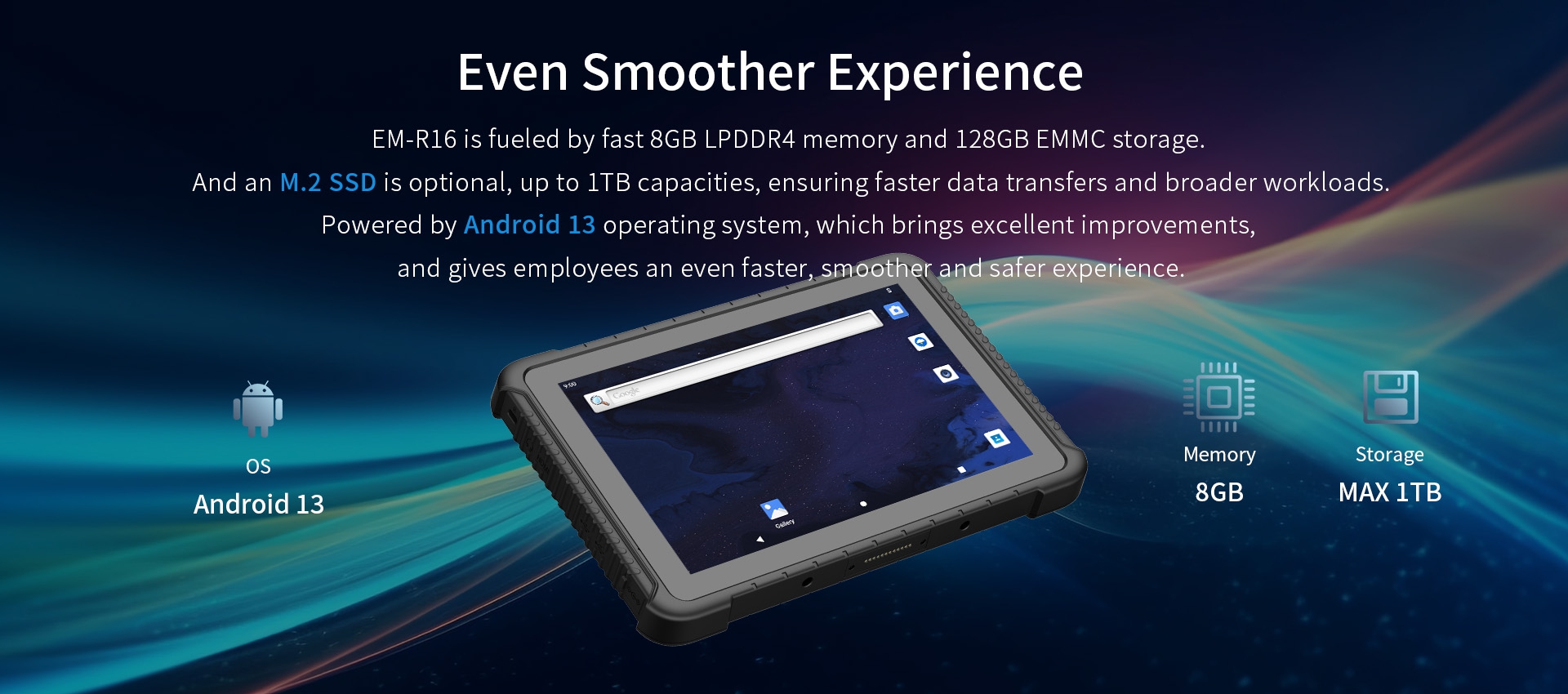EM-R16 with 8GB LPDDR4, 128GB eMMC, optional 1TB M.2 SSD, and Android 13 for faster, smoother, and safer user experience.