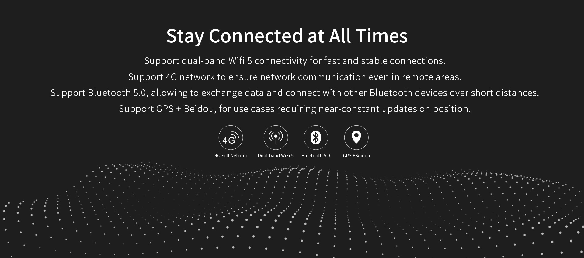 Supports dual-band Wi-Fi 5, 4G, Bluetooth 5.0, and GPS+Beidou for fast, stable connections and real-time positioning in remote areas.