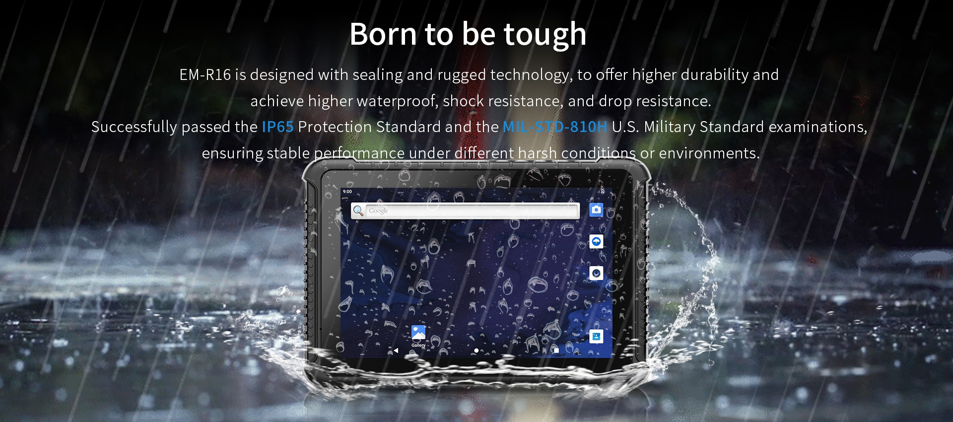 EM-R16 rugged device, IP65 & MIL-STD-810H certified, with waterproof, shock, and drop resistance for harsh environments