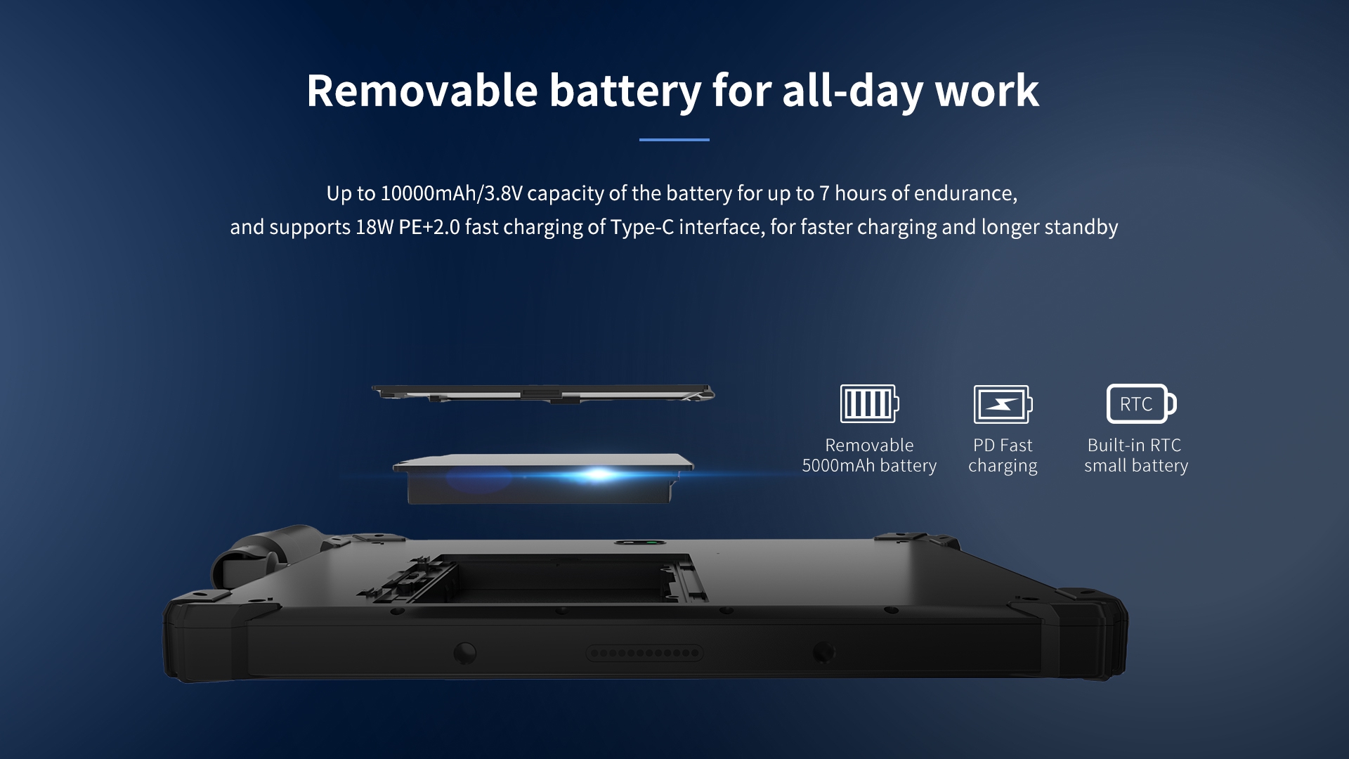 Removable battery-10000mAh/3.8V capacity of the battery for up to 7 hours ofendurance.and supports 18W PE+2.0 fast charging of Type-C interface.