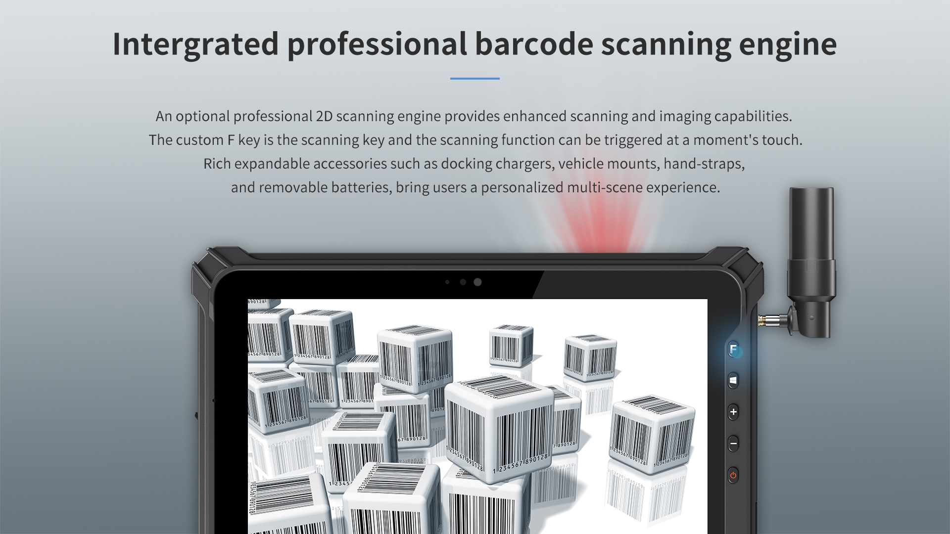 Integrated 2D barcode scanner with enhanced imaging, custom F key trigger, and expandable accessories like chargers, mounts, straps, and removable batteries for multi-scene use.