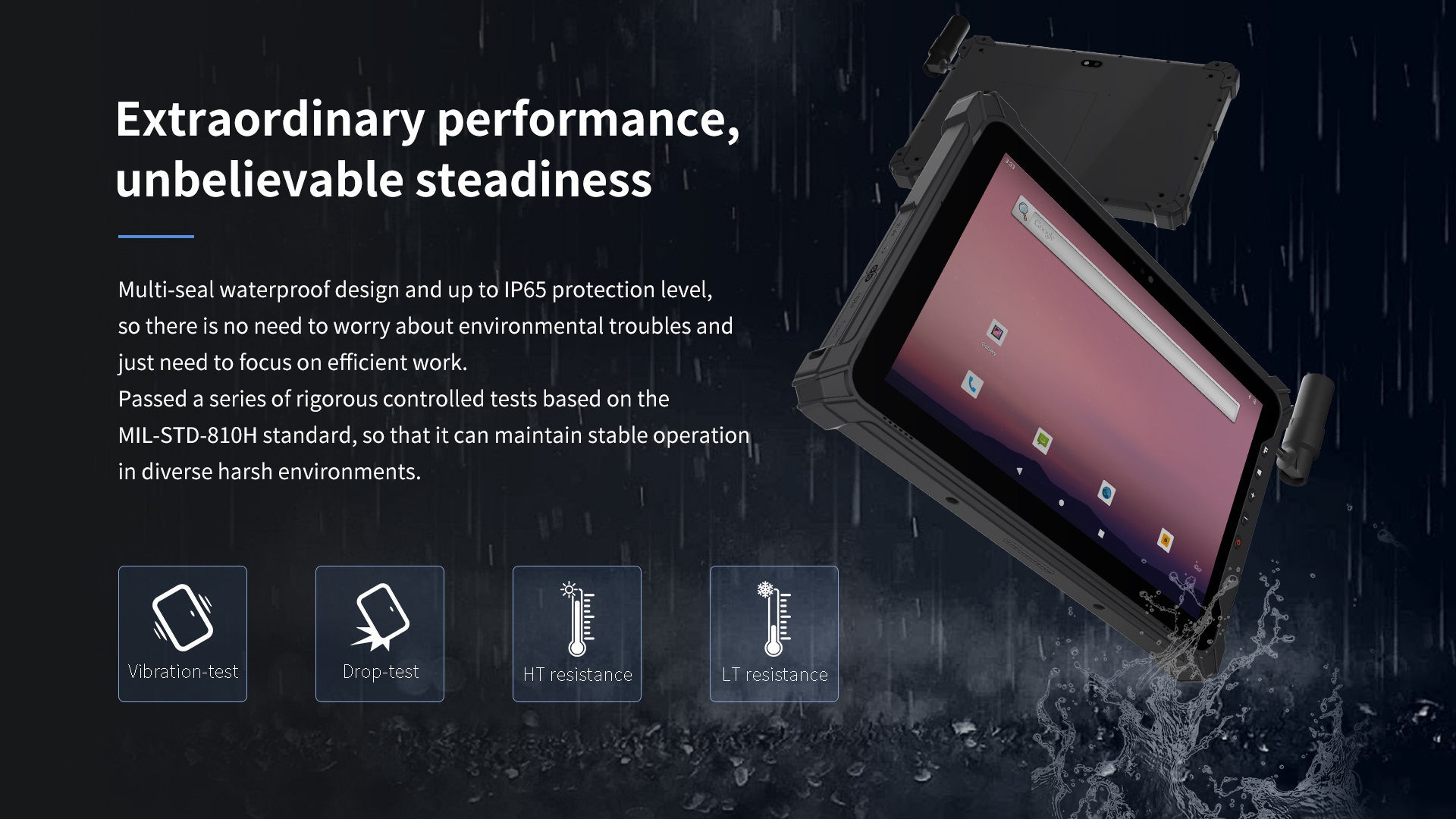 Multi-seal waterproof IP65 design, MIL-STD-810H certified for stable performance in harsh environments, ensuring efficient work.