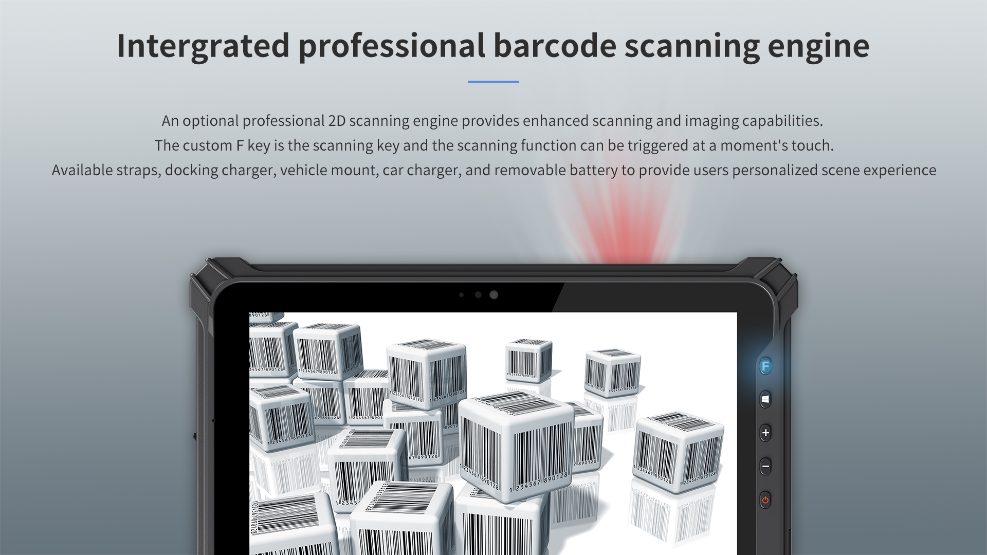Integrated 2D barcode scanner with enhanced imaging, custom F key trigger, and optional straps, charger, mount, car charger, and removable battery for personalized use.