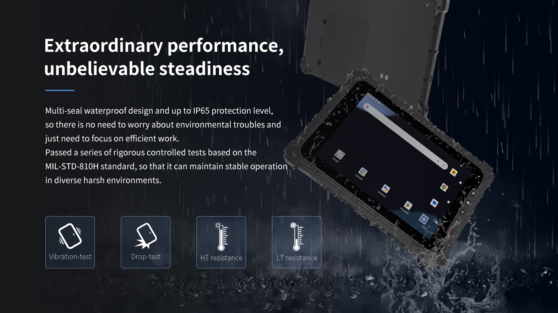 Multi-seal waterproof IP65 design, MIL-STD-810H certified for stable performance in harsh environments, ensuring efficient work.