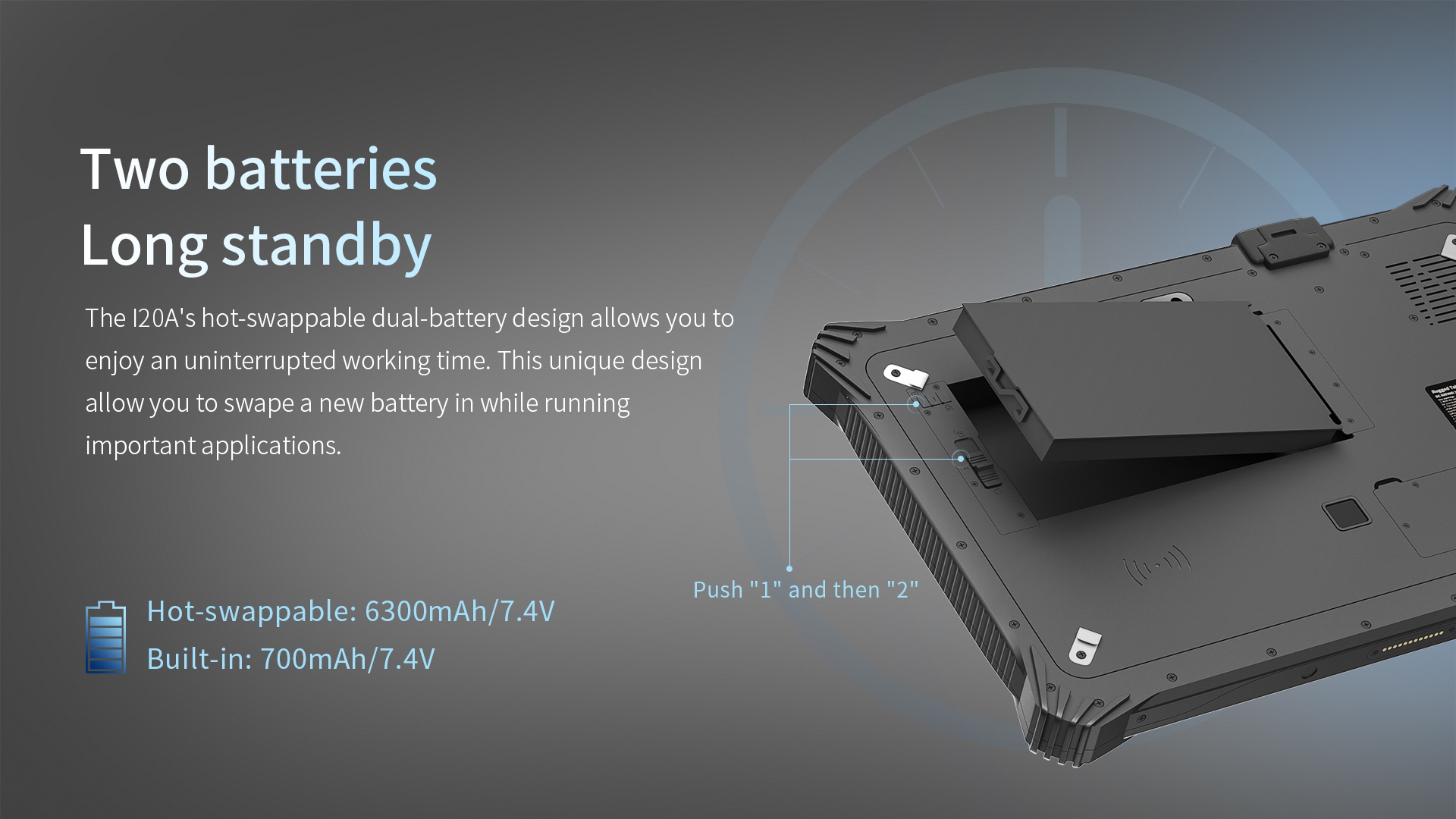 Two batteriesLong standby-The 120A's hot-swappable dual-battery design allows you toenjoy an uninterrupted working time.