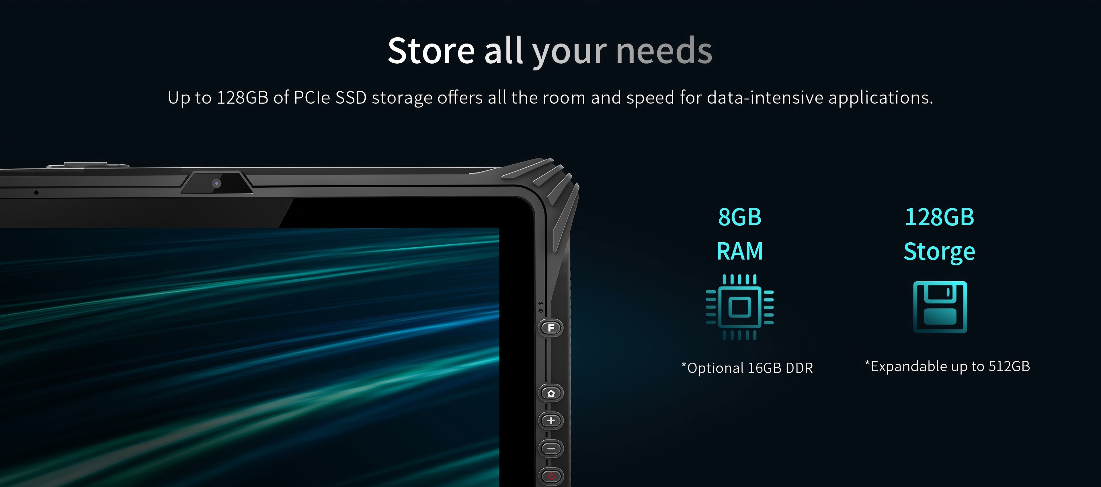 Up to 128GB of PCle SSD storage offers all the room and speed for data-intensive applications.