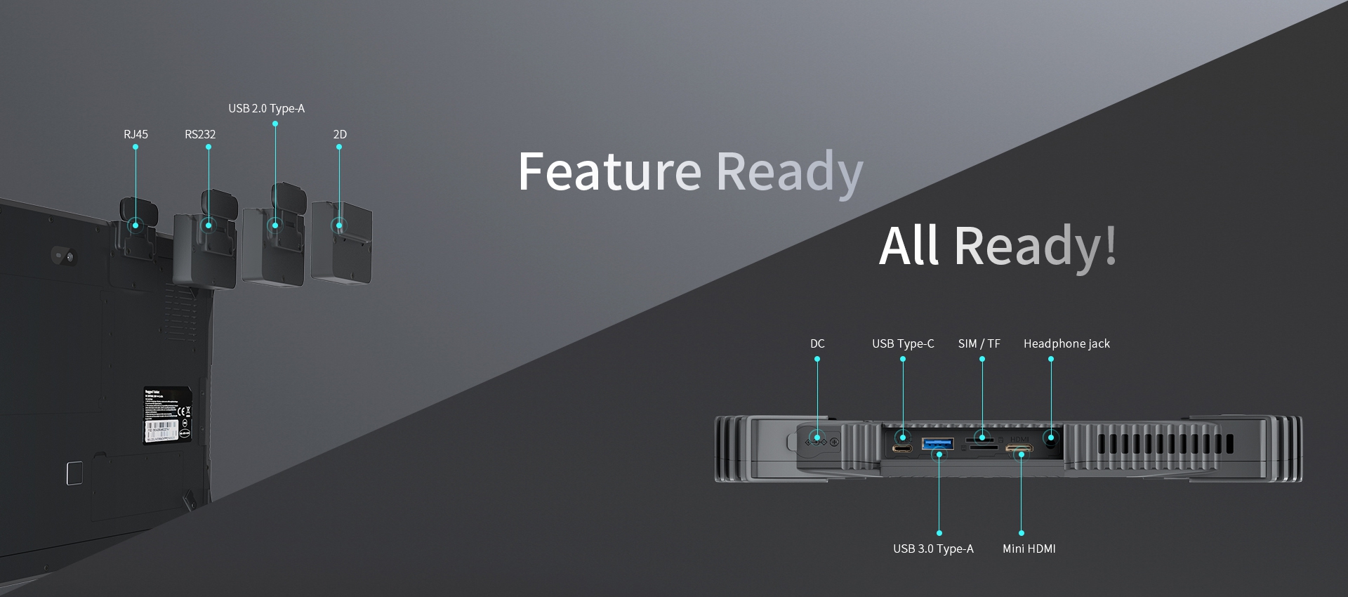 A diagram showcasing the rugged tablet's multiple I/O ports