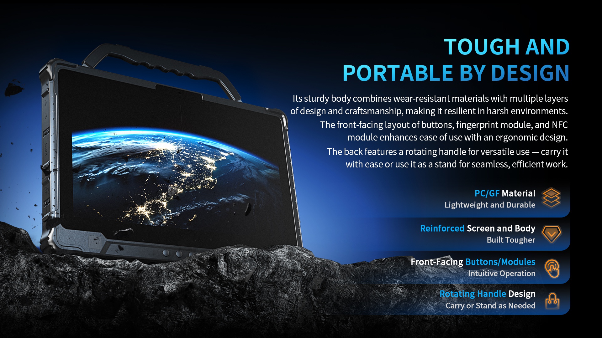 An overview of the tablet's tough and portable design, highlighting its reinforced PC/GF body and a multi-functional rotating handle for carrying or use as a stand.
