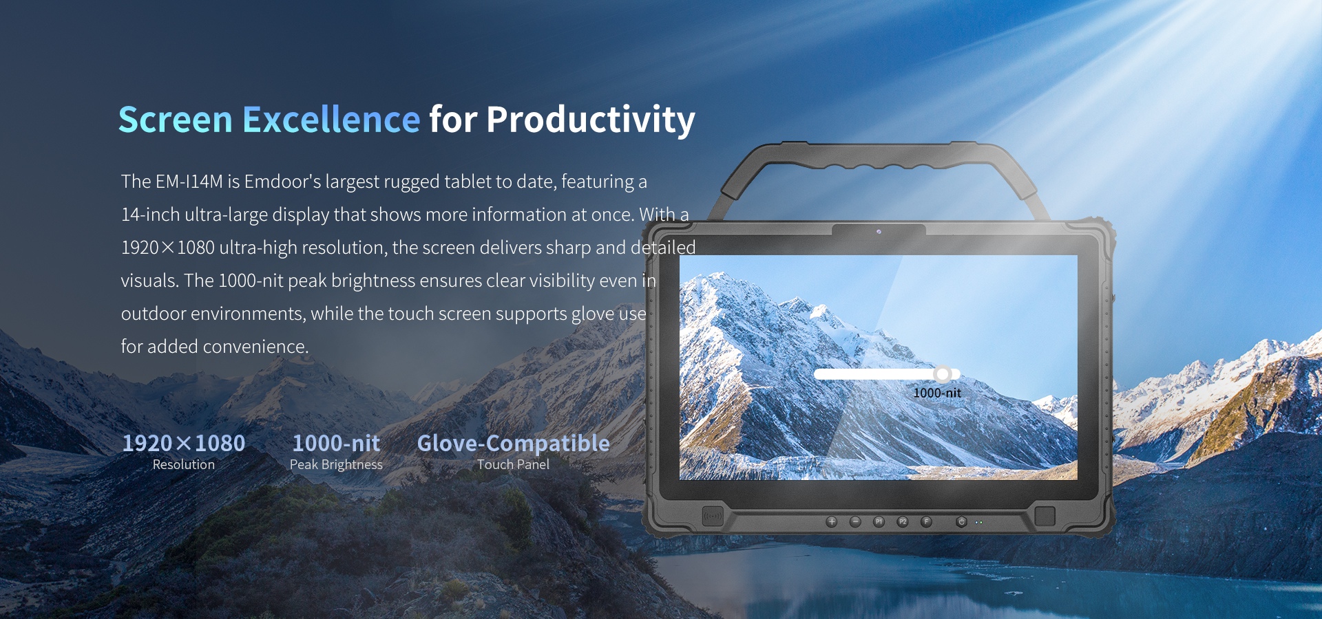 A graphic showcasing the screen excellence of the EM-I14M rugged tablet, highlighting its 14-inch, 1000-nit sunlight-readable display and glove-compatible touch.