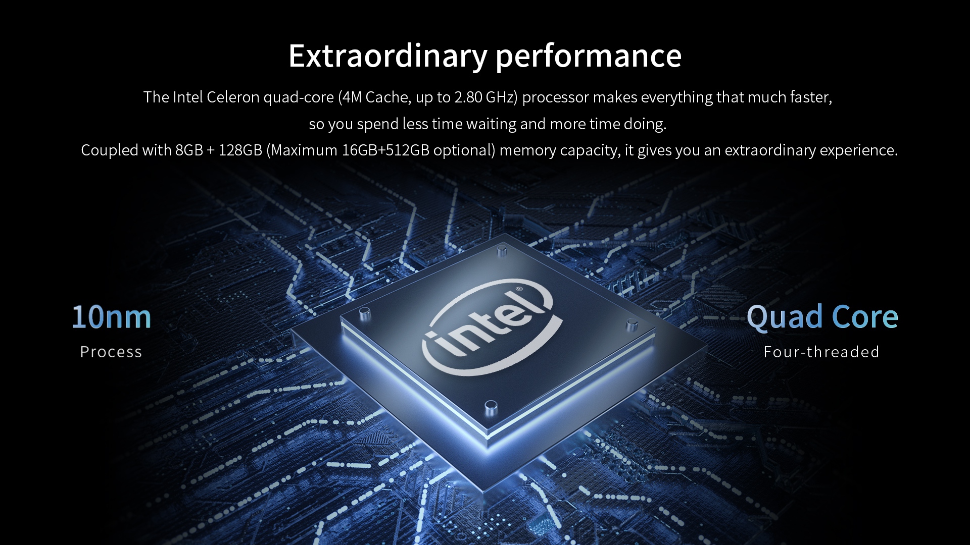 A graphic detailing the device's performance, featuring an Intel Celeron quad-core processor (up to 2.80 GHz) and 8GB of RAM with 128GB of storage.