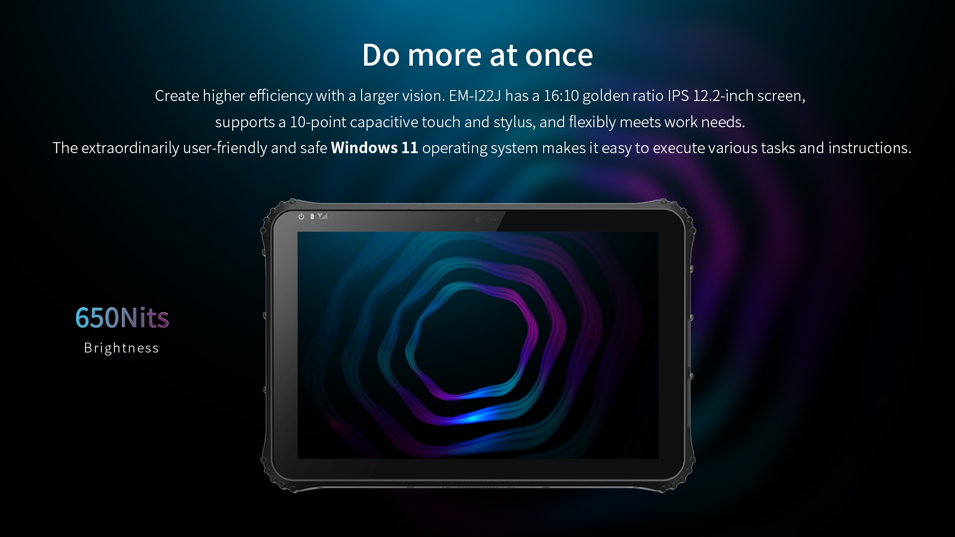 An overview of the EM-I22J tablet's 12.2-inch IPS screen, highlighting its 650 nits brightness, 10-point touch, and Windows 11 operating system.