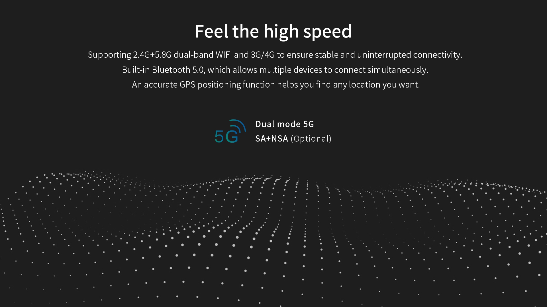 A graphic detailing the tablet's high-speed connectivity, featuring optional dual-mode 5G, dual-band Wi-Fi, 4G, Bluetooth 5.0, and GPS.