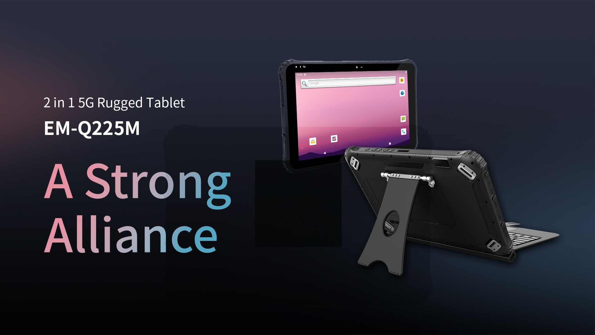 The EM-Q225M 2-in-1 5G rugged tablet shown in both tablet mode and laptop mode with its keyboard and kickstand.