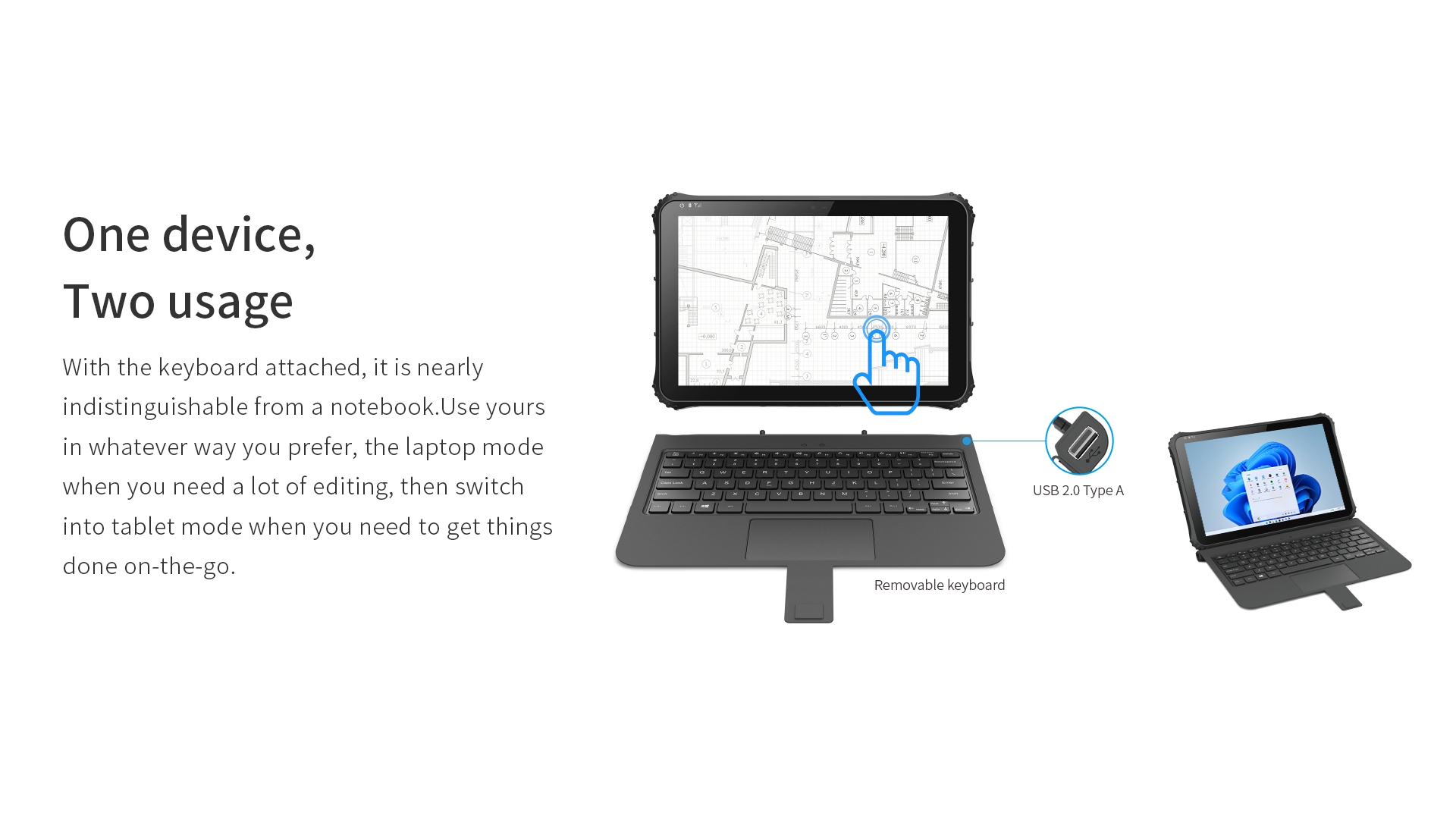 An image demonstrating the 2-in-1 usage of a rugged tablet, showing how its removable keyboard allows it to switch from laptop mode to tablet mode.