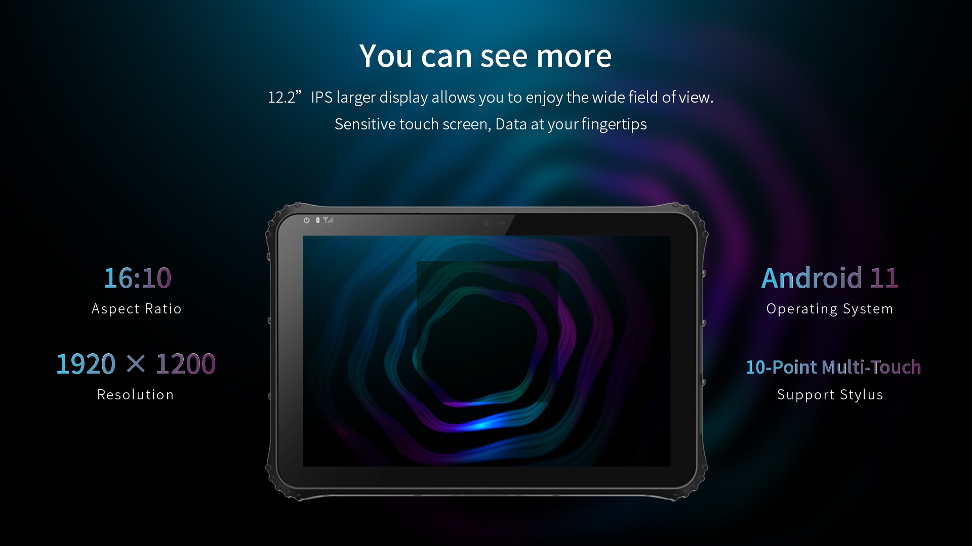 A graphic detailing the features of an Android 11 rugged tablet, including its 12.2-inch, 1920x1200 multi-touch display with stylus support.