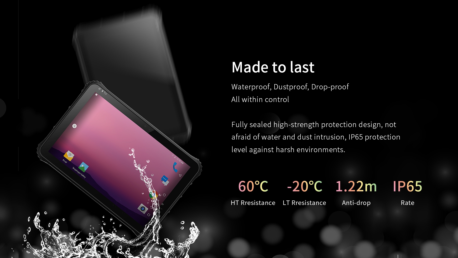 A graphic showcasing the rugged tablet's durability, highlighting its IP65 waterproof and dustproof rating, 1.22m drop-proof design, and wide temperature resistance.