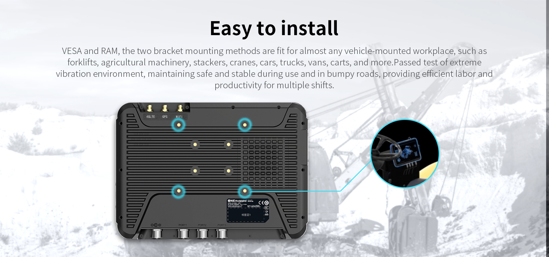 Vehicle-mounted device with VESA and RAM mount options, stable under vibration and rough roads