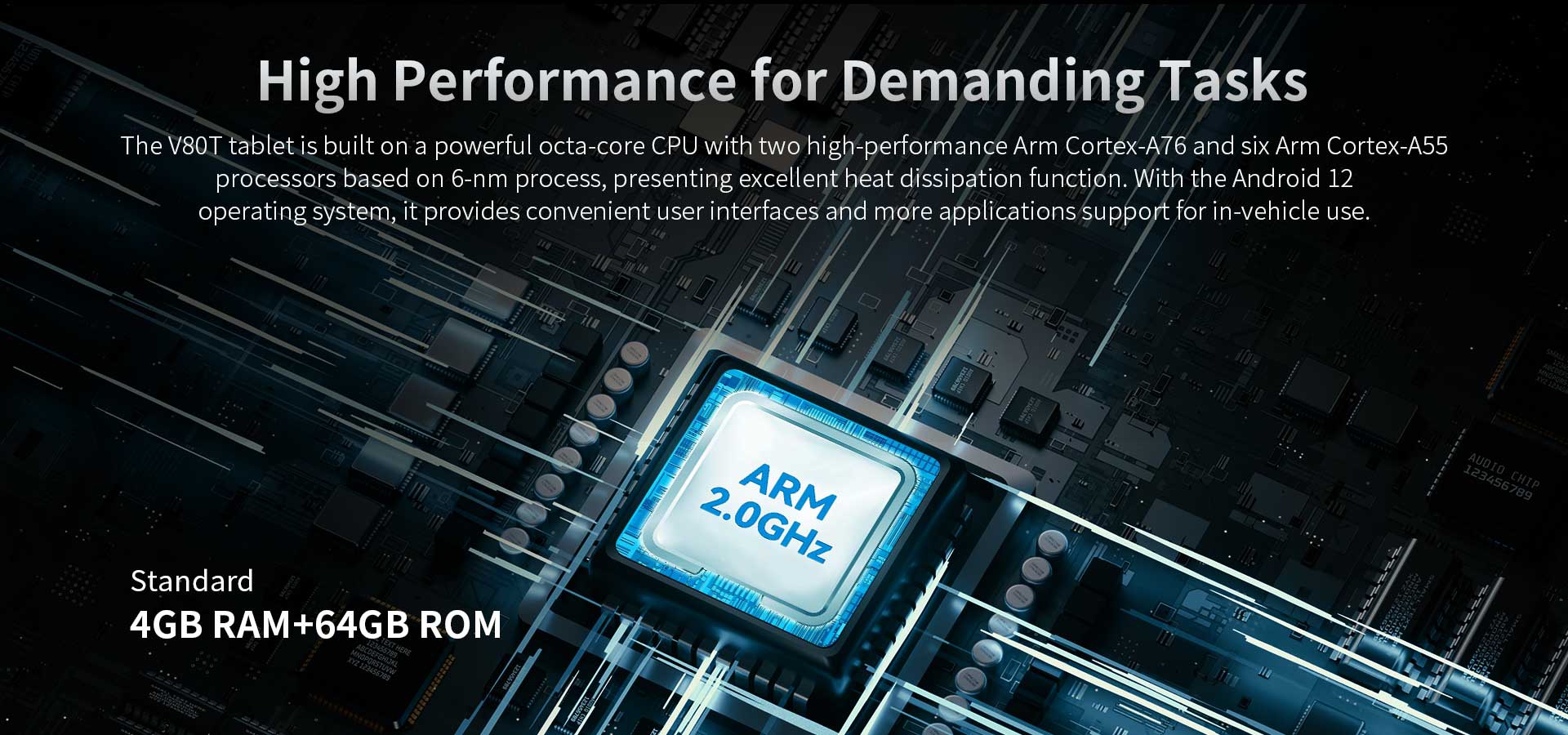 V80T tablet with octa-core CPU (Arm Cortex-A76 & A55, 6-nm), efficient heat dissipation, and Android 12 for in-vehicle tasks