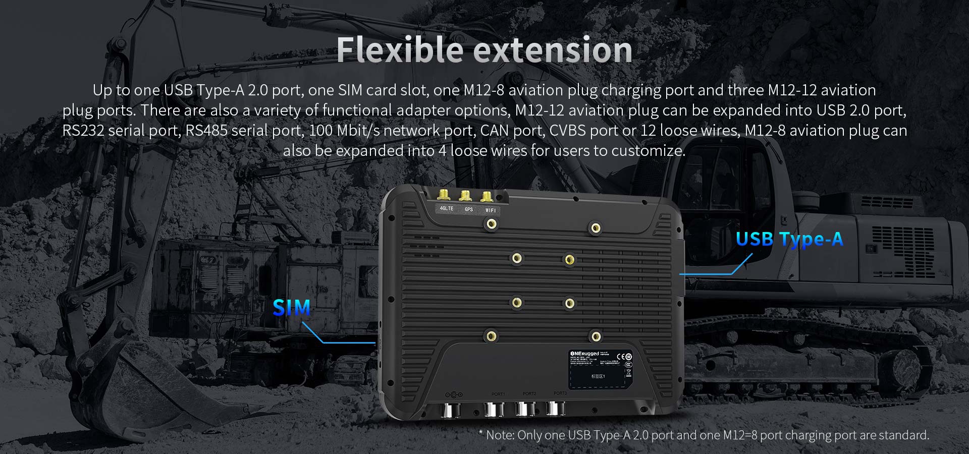 V80T tablet with USB 2.0, SIM slot, M12-8/M12-12 plugs, expandable to RS232, RS485, CAN, or Ethernet for flexibility