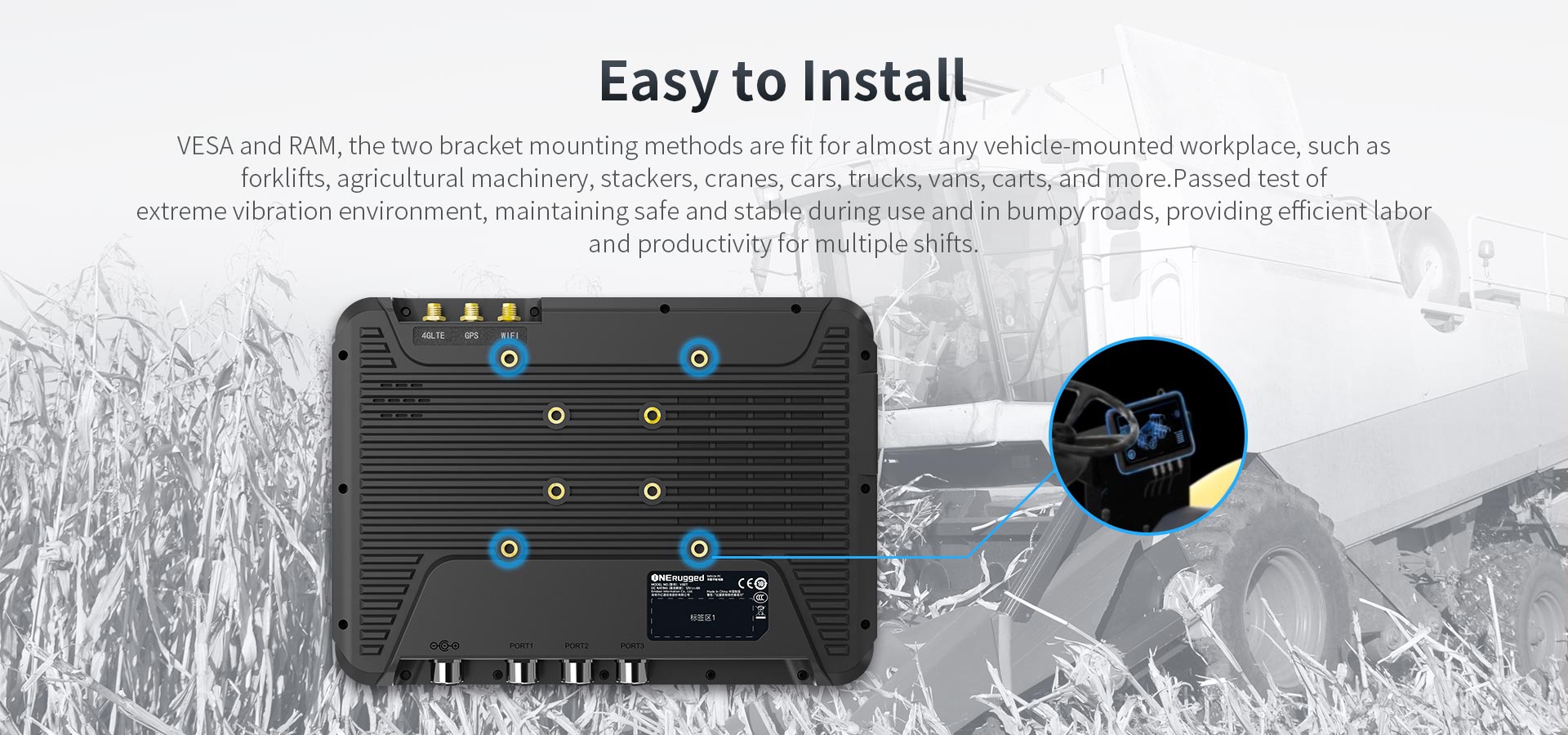 V80T tablet with VESA/RAM mounts for easy install on forklifts, cranes, trucks, stable in vibration for multi-shift use