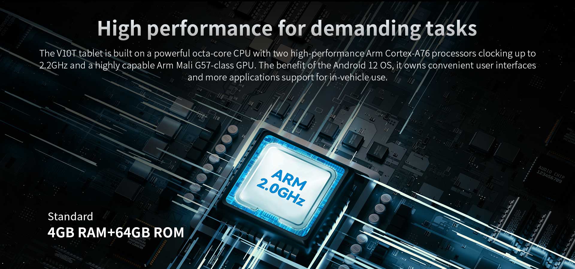 "V10T tablet featuring octa-core CPU with Arm Cortex-A76 processors at 2.2GHz, Arm Mali G57 GPU, and Android 12 OS for enhanced in-vehicle user interface and app support"