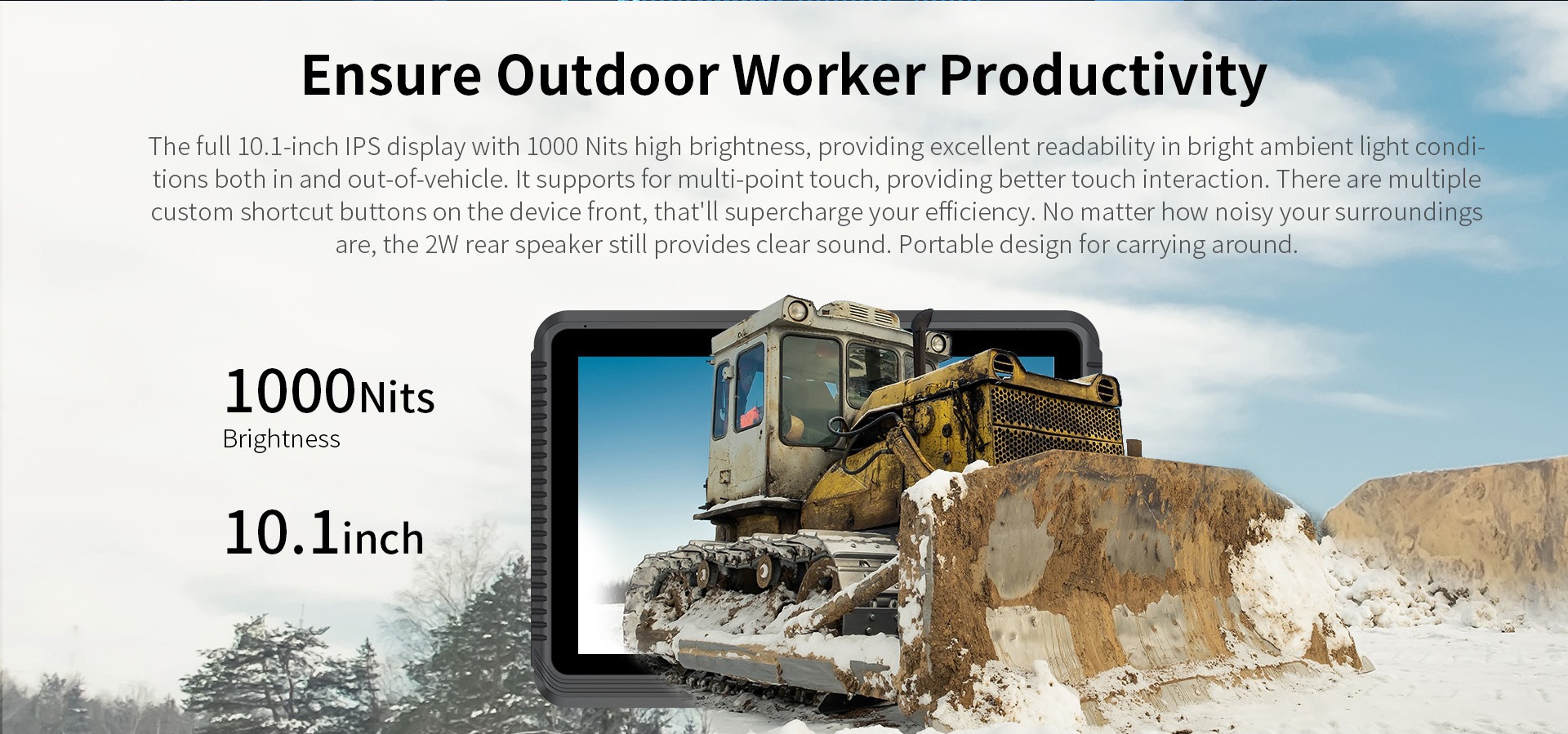 10.1-inch 1000-nit touchscreen panel with shortcut keys and speaker for outdoor productivity